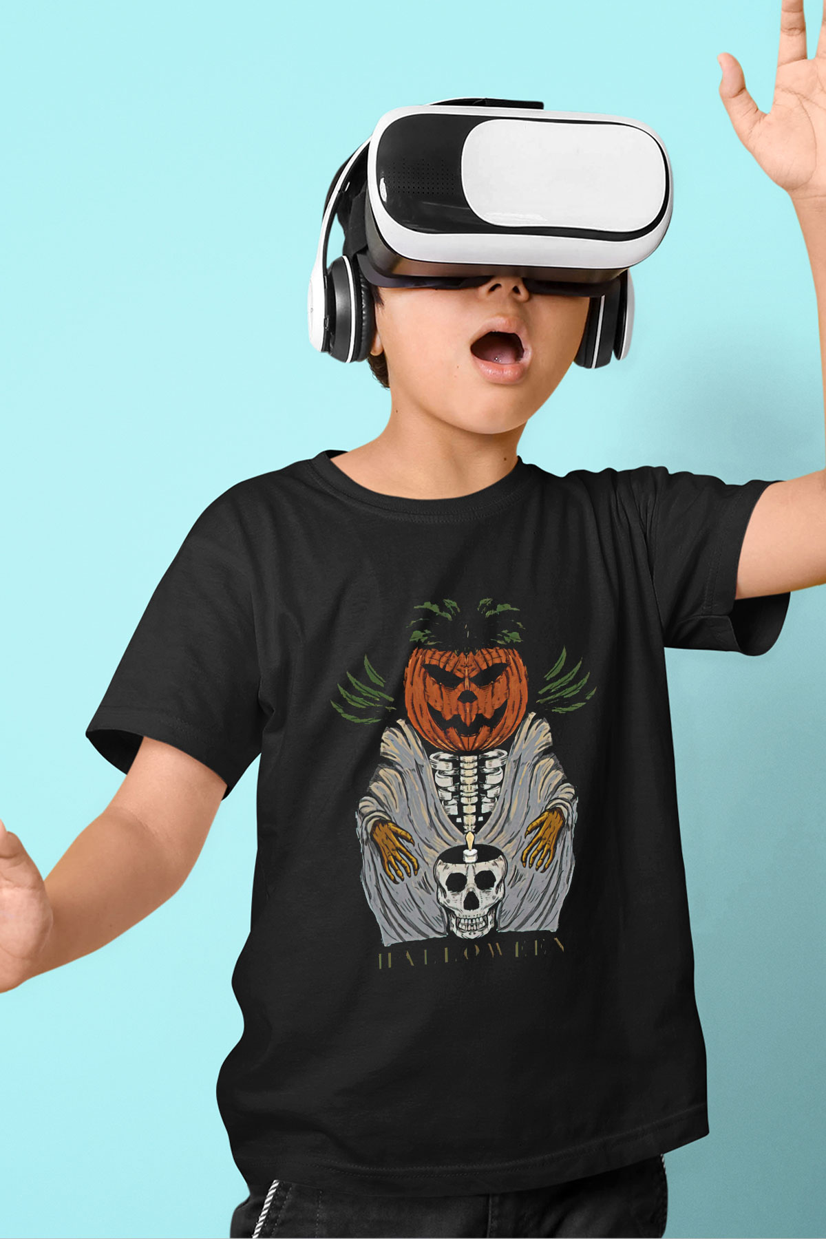 Halloween Baskılı Unisex Siyah Çocuk Tişört - Tshirt