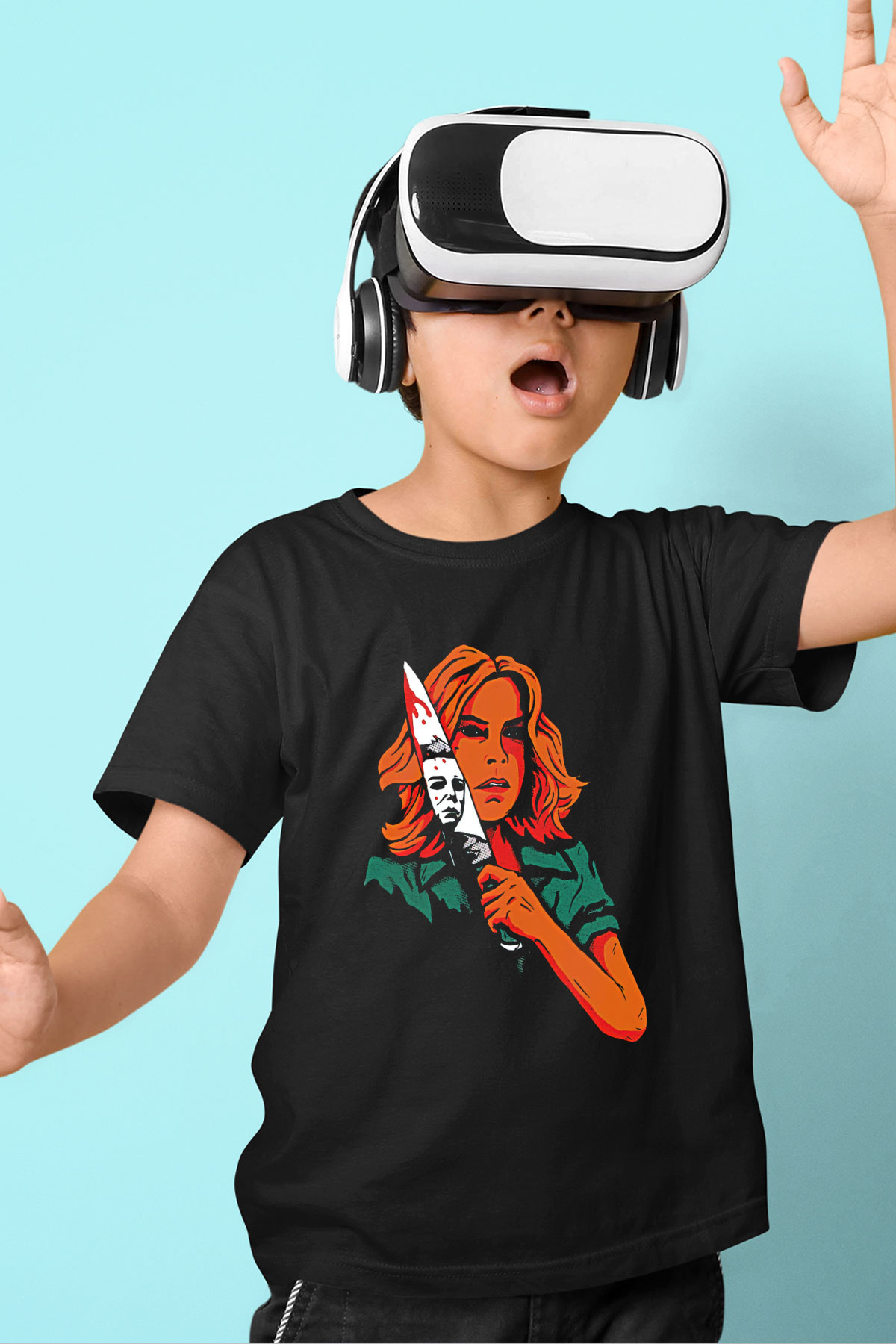 Halloween Baskılı Unisex Siyah Çocuk Tişört - Tshirt