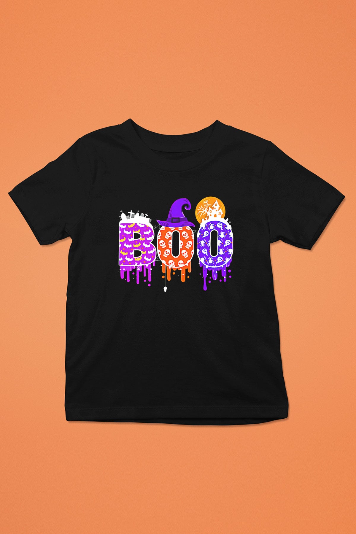 Halloween Baskılı Unisex Siyah Çocuk Tişört - Tshirt