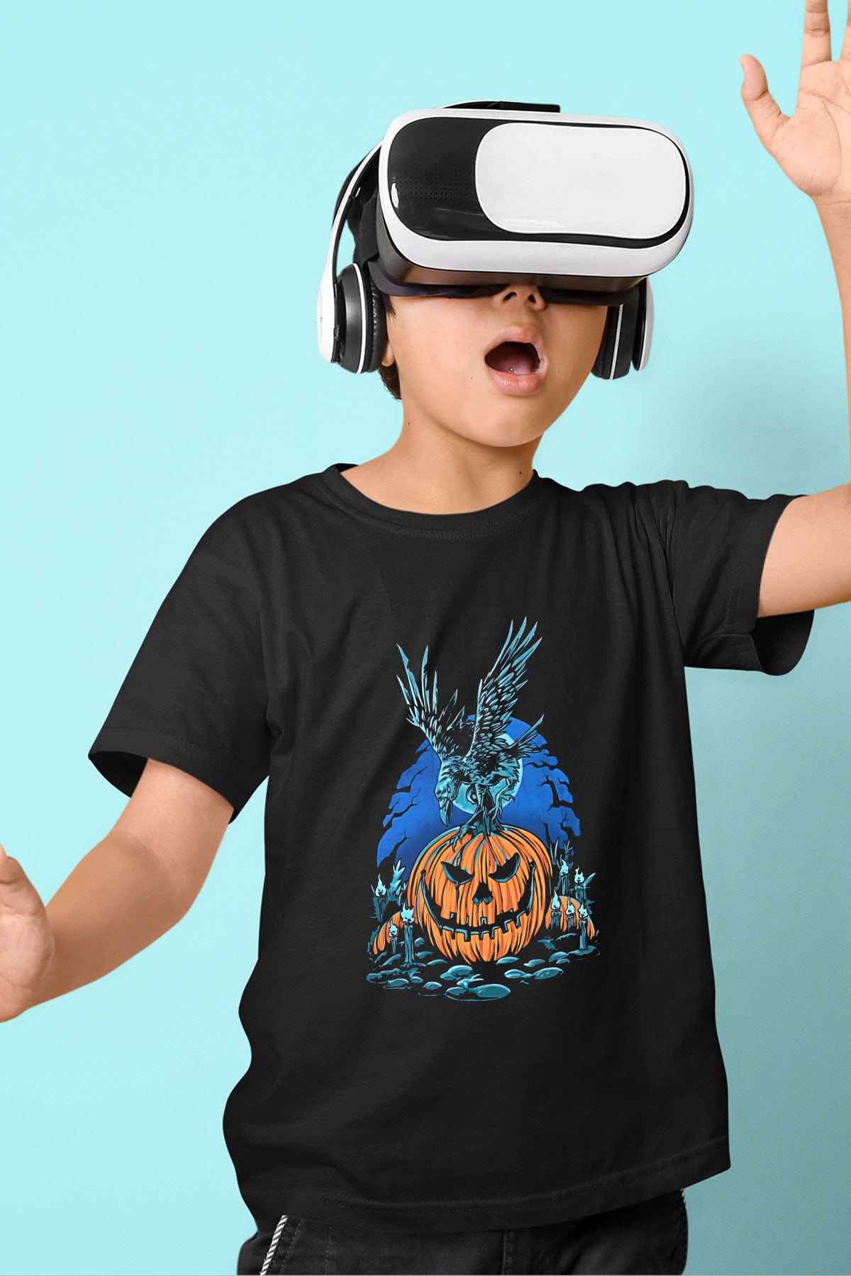 Halloween Baskılı Unisex Siyah Çocuk Tişört - Tshirt