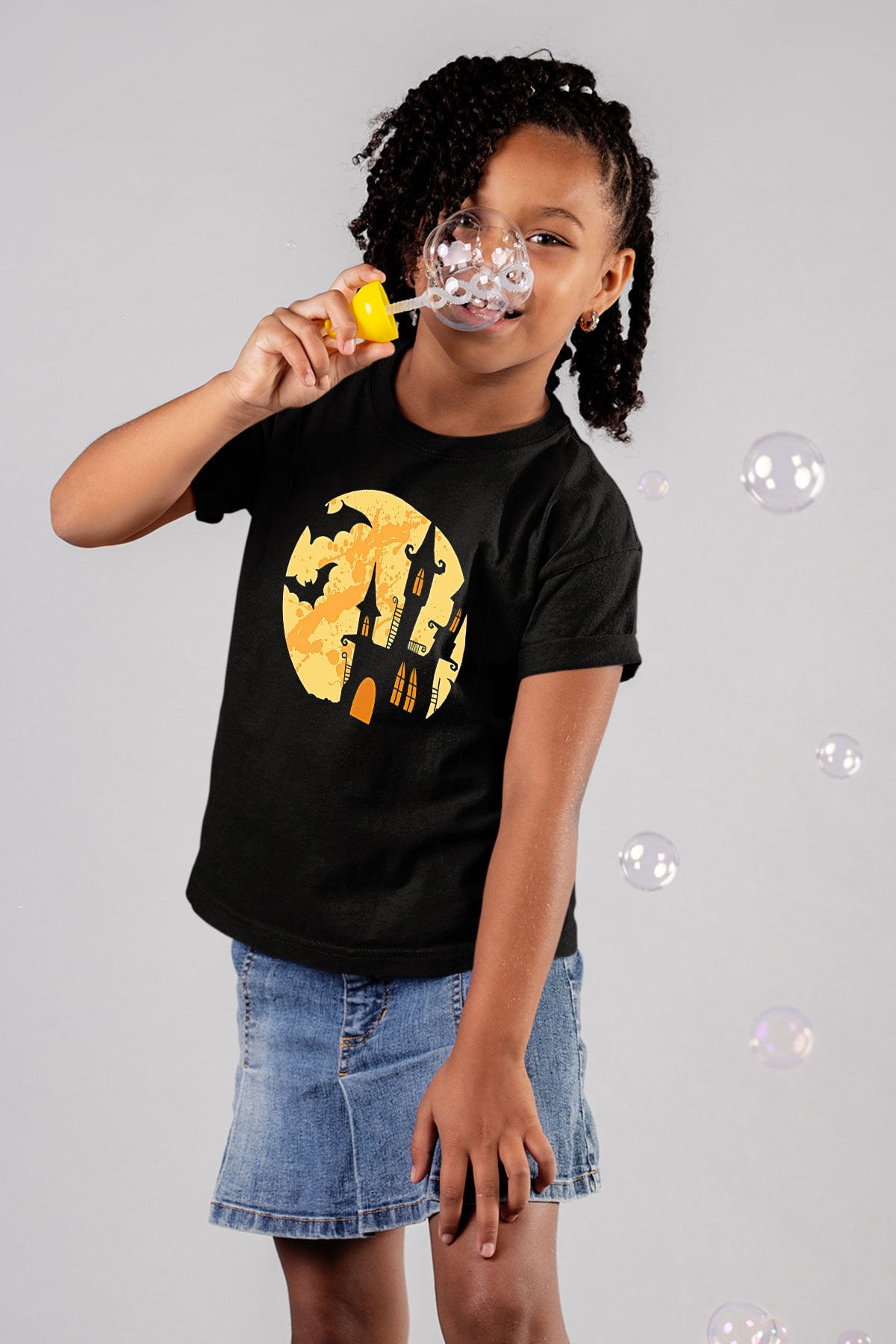 Halloween Baskılı Unisex Siyah Çocuk Tişört - Tshirt