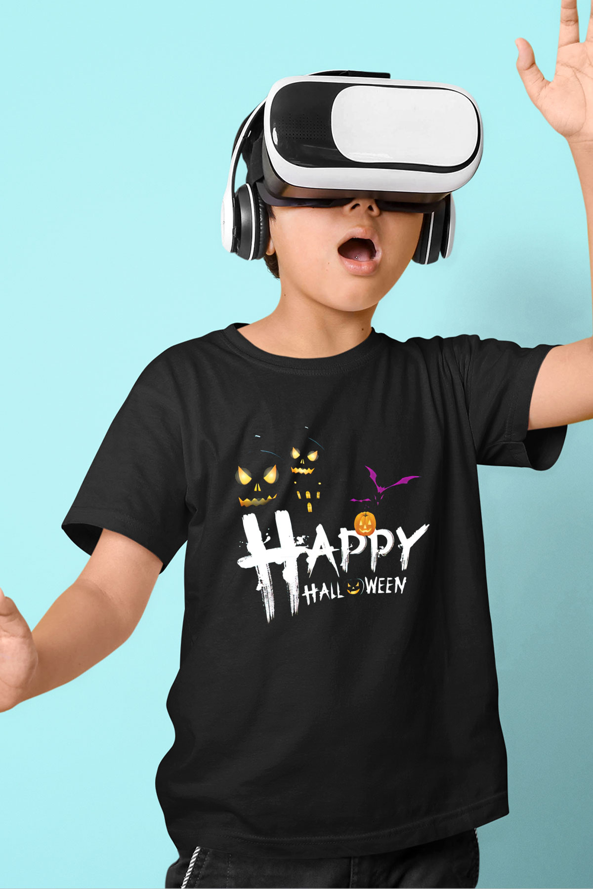 Halloween Baskılı Unisex Siyah Çocuk Tişört - Tshirt