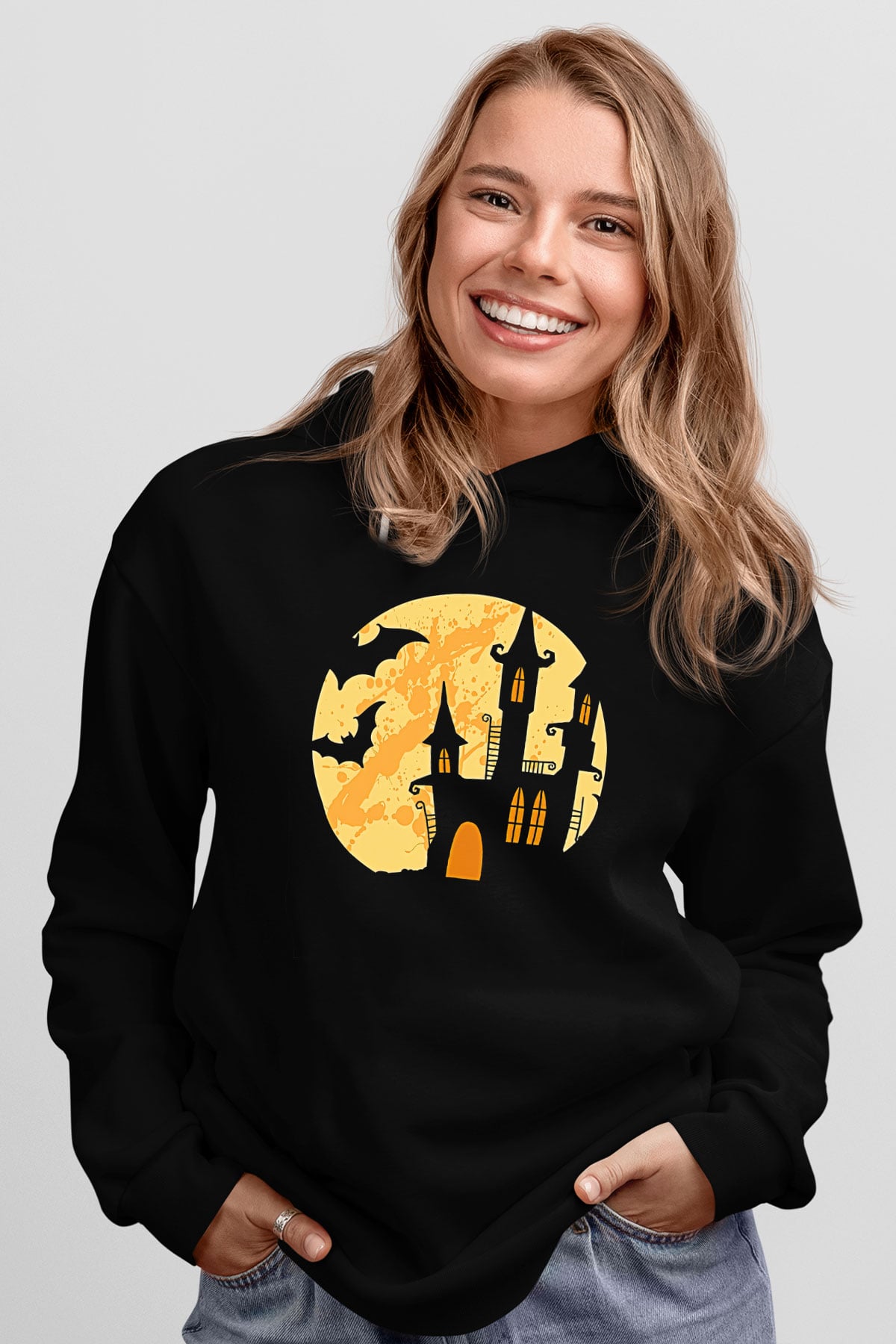 Halloween Baskılı Unisex Siyah Hoodie
