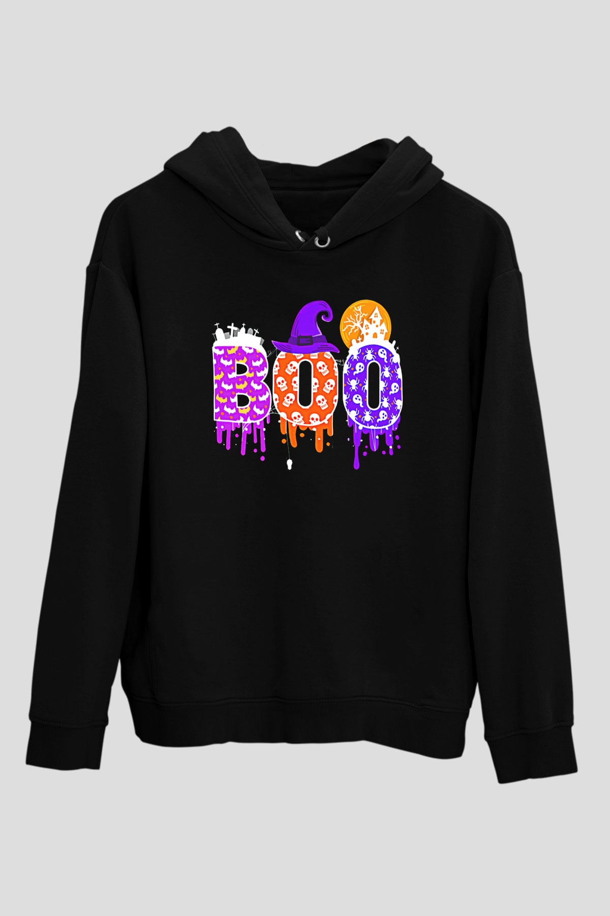 Halloween Baskılı Unisex Siyah Hoodie