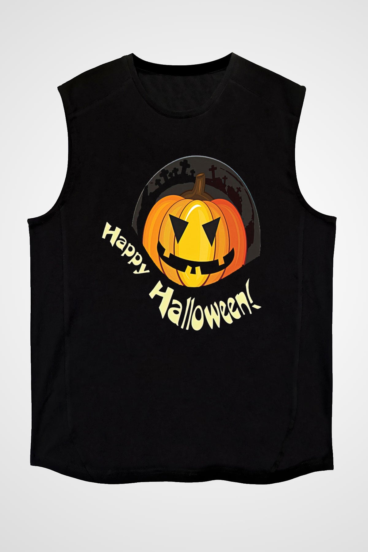 Halloween Baskılı Unisex Siyah Kolsuz Tişört - Tshirt