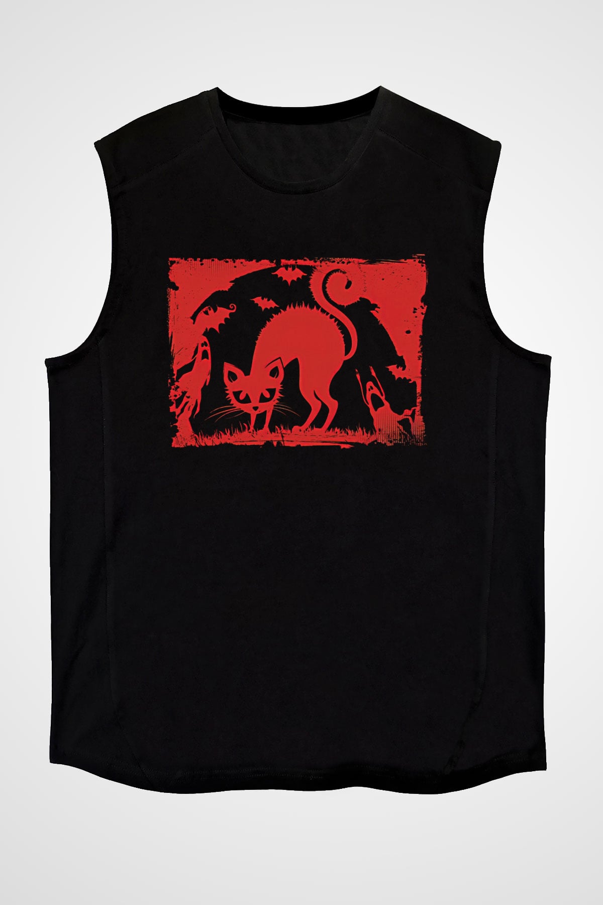 Halloween Baskılı Unisex Siyah Kolsuz Tişört - Tshirt