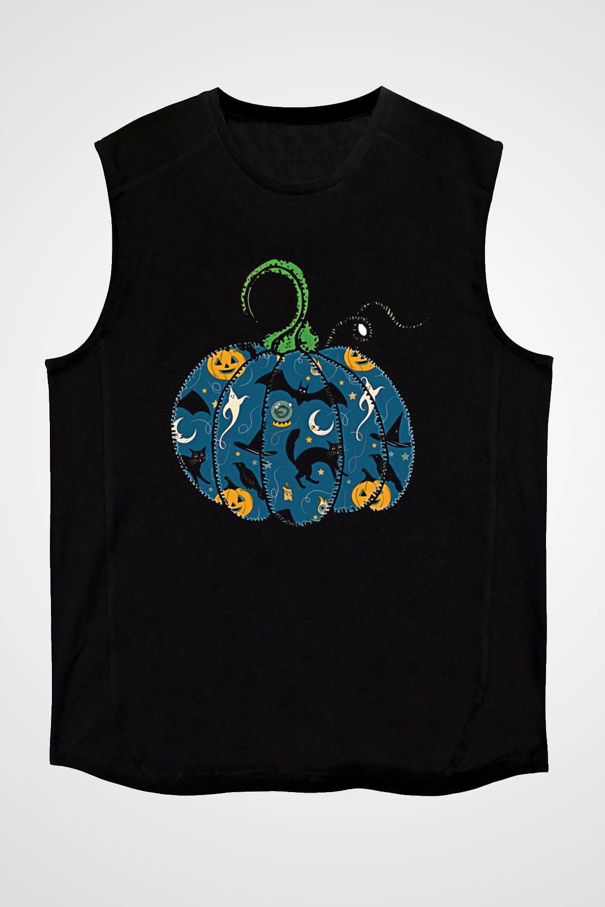 Halloween Baskılı Unisex Siyah Kolsuz Tişört - Tshirt