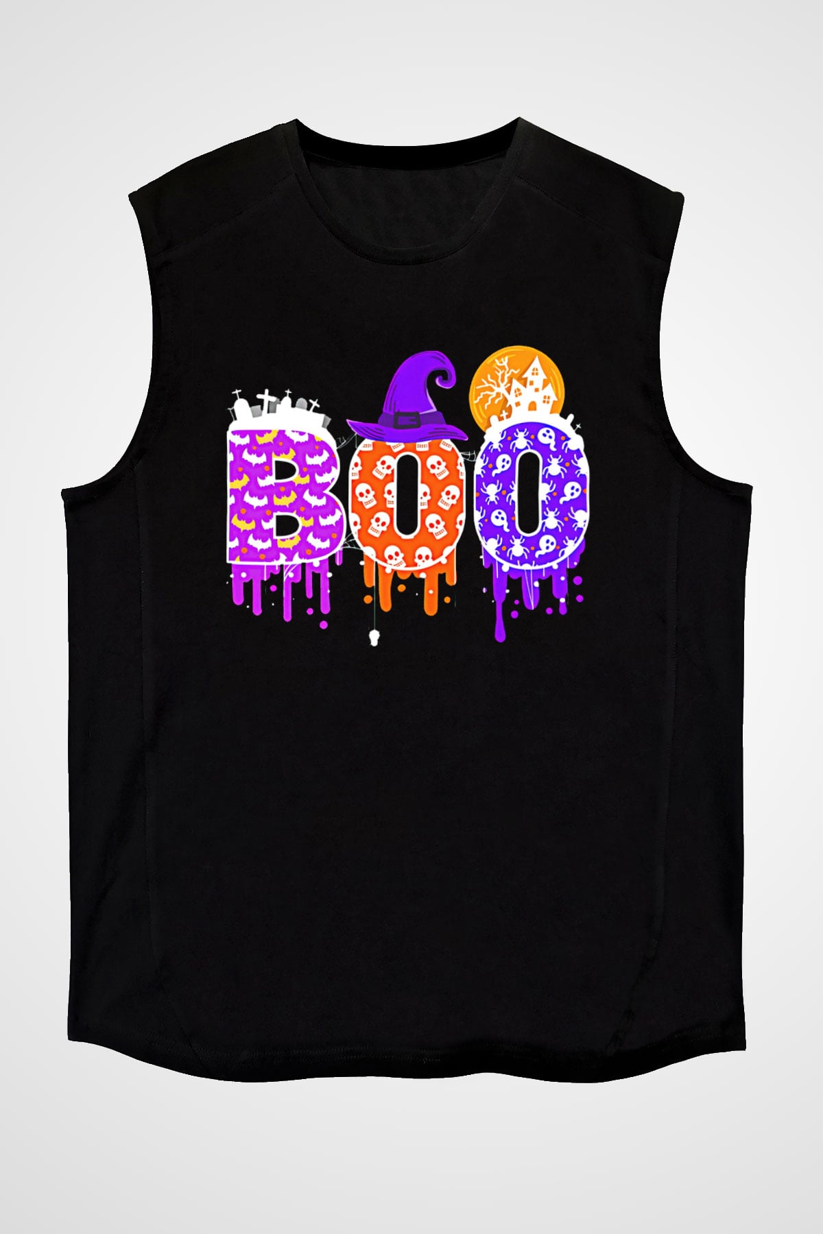 Halloween Baskılı Unisex Siyah Kolsuz Tişört - Tshirt
