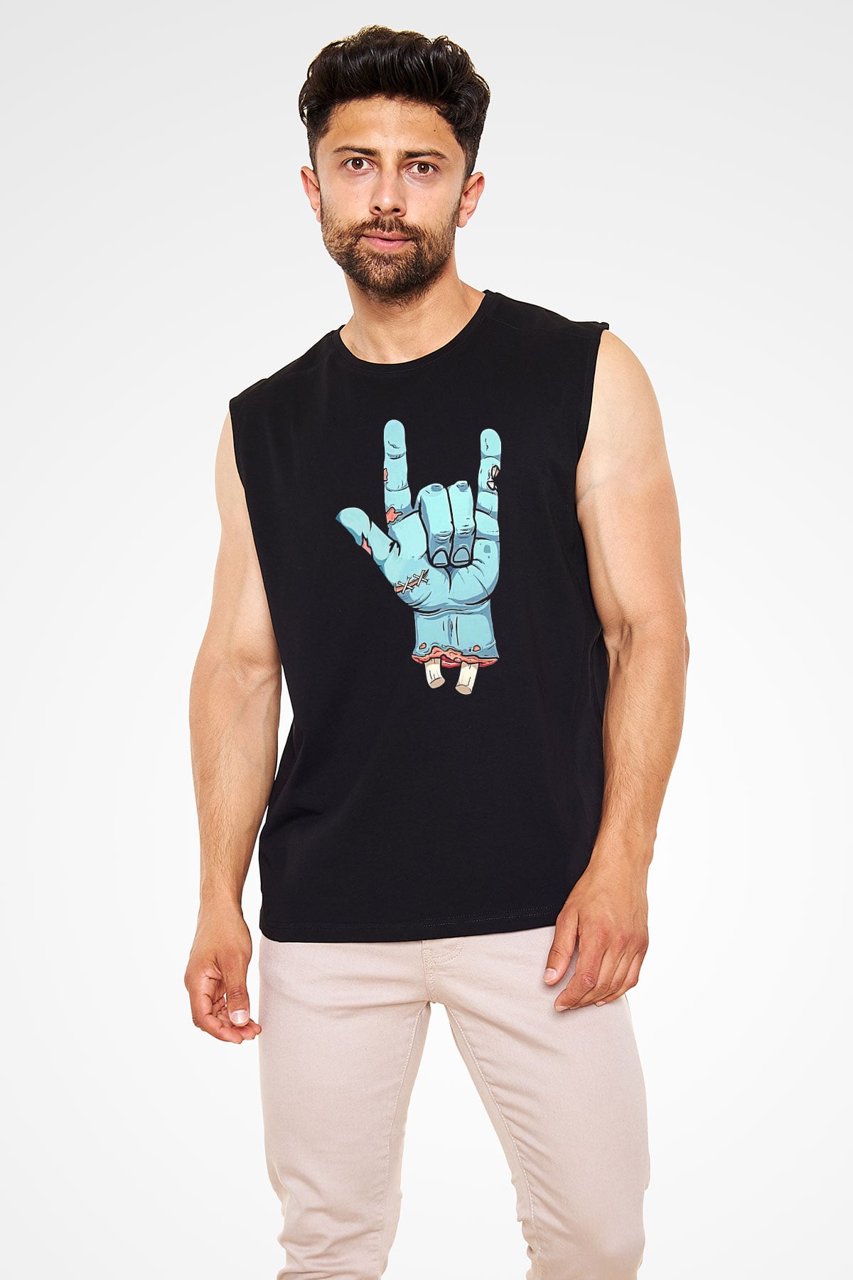 Halloween Baskılı Unisex Siyah Kolsuz Tişört - Tshirt