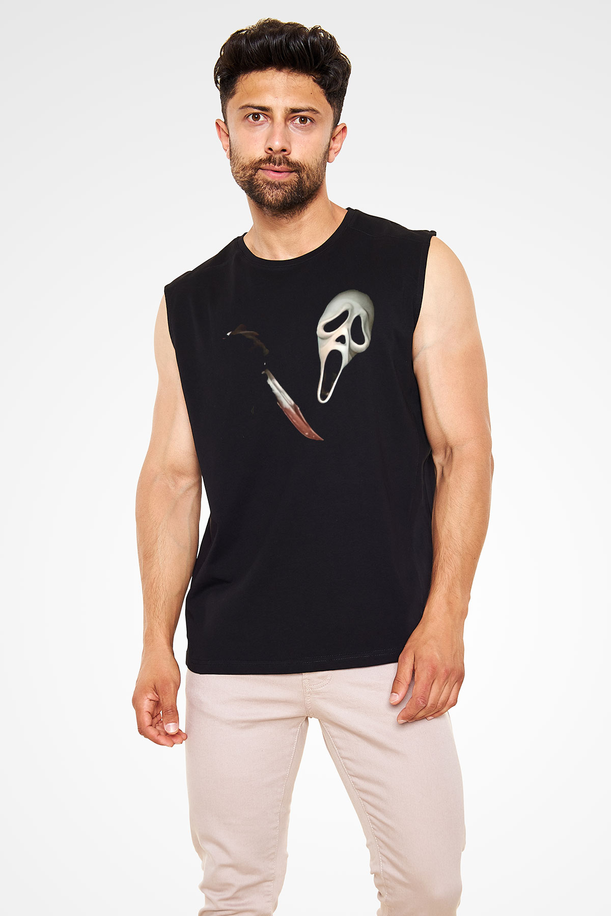 Halloween Baskılı Unisex Siyah Kolsuz Tişört - Tshirt