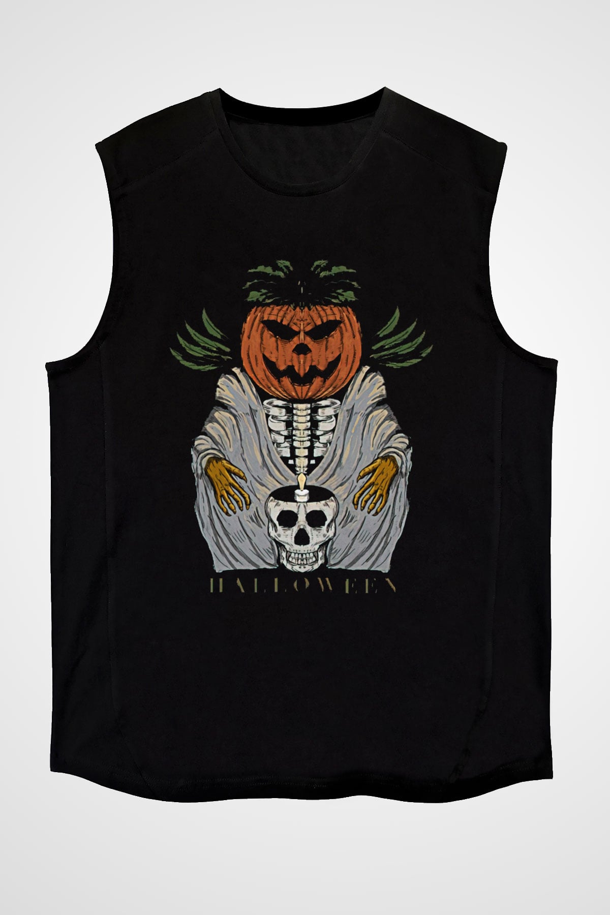 Halloween Baskılı Unisex Siyah Kolsuz Tişört - Tshirt