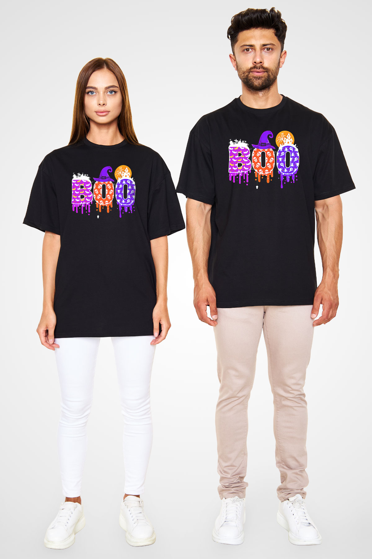 Halloween Baskılı Unisex Siyah Oversize Tişört - Tshirt