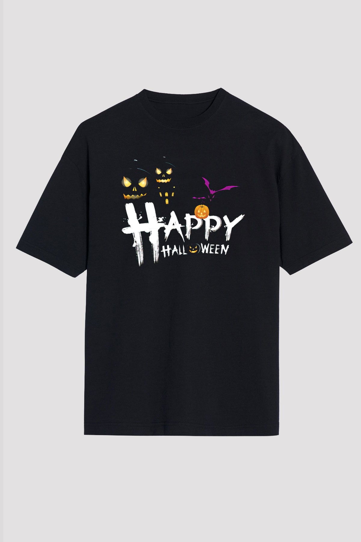 Halloween Baskılı Unisex Siyah Oversize Tişört - Tshirt