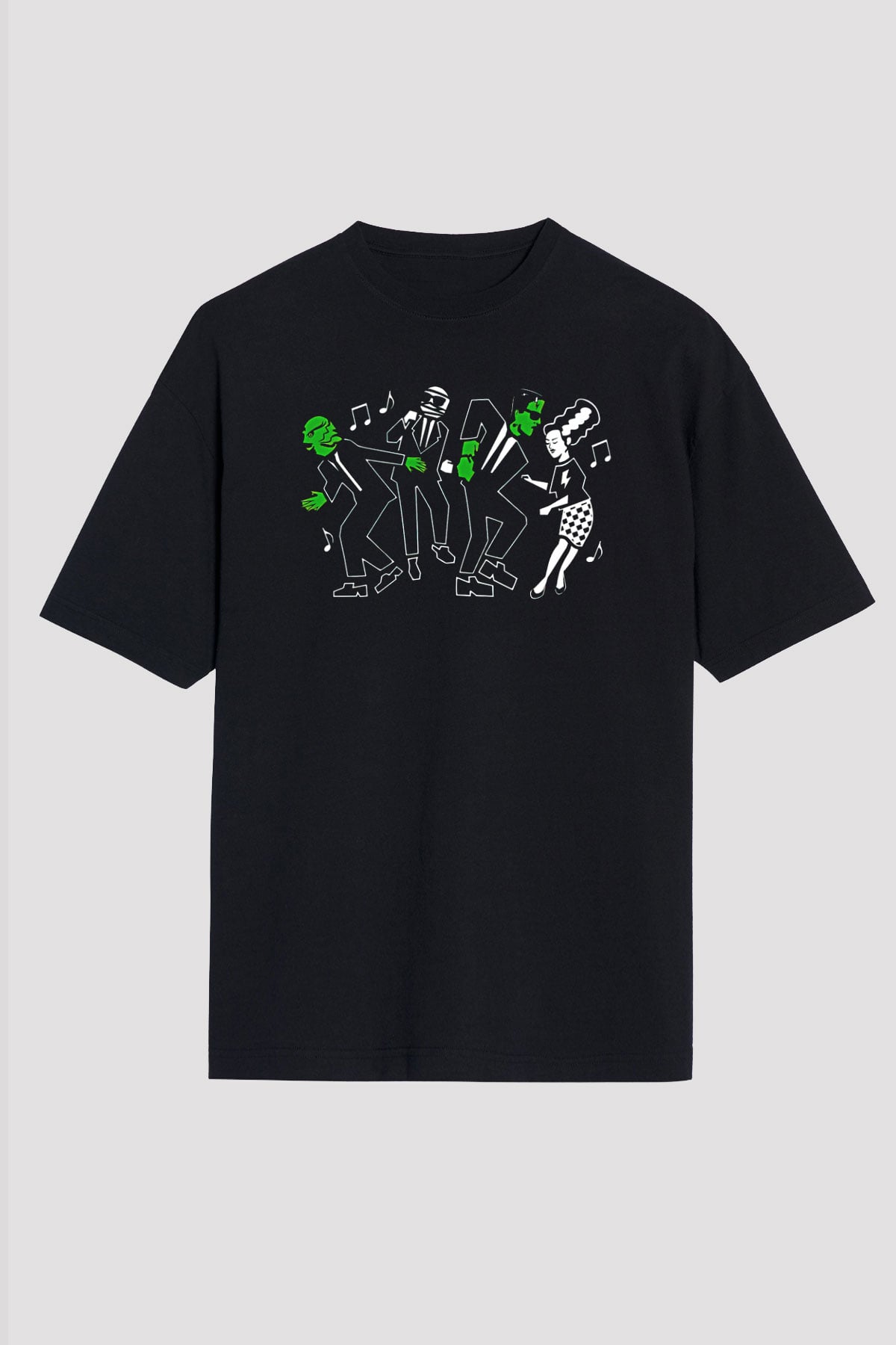 Halloween Baskılı Unisex Siyah Oversize Tişört - Tshirt
