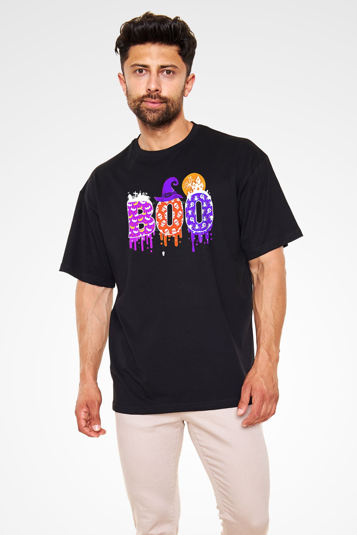 Halloween Baskılı Unisex Siyah Oversize Tişört - Tshirt