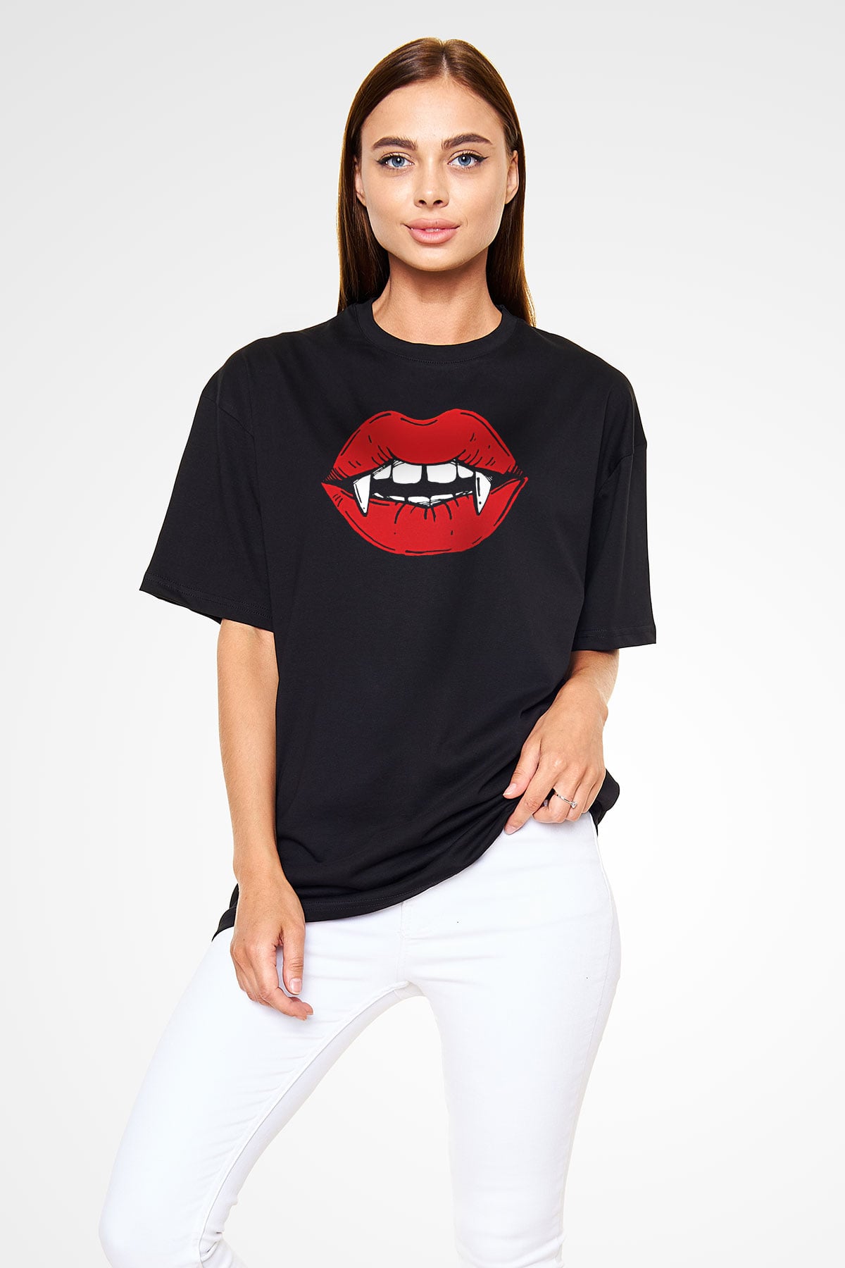 Halloween Baskılı Unisex Siyah Oversize Tişört - Tshirt