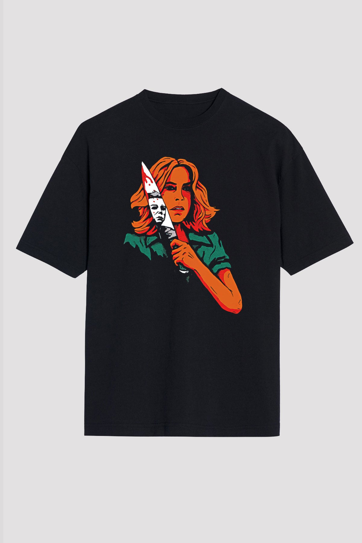Halloween Baskılı Unisex Siyah Oversize Tişört - Tshirt