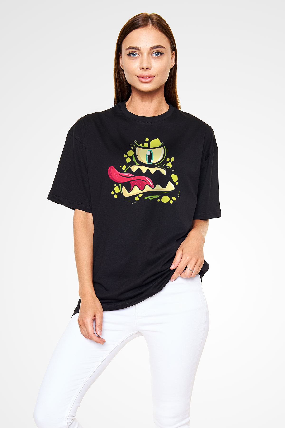 Halloween Baskılı Unisex Siyah Oversize Tişört - Tshirt