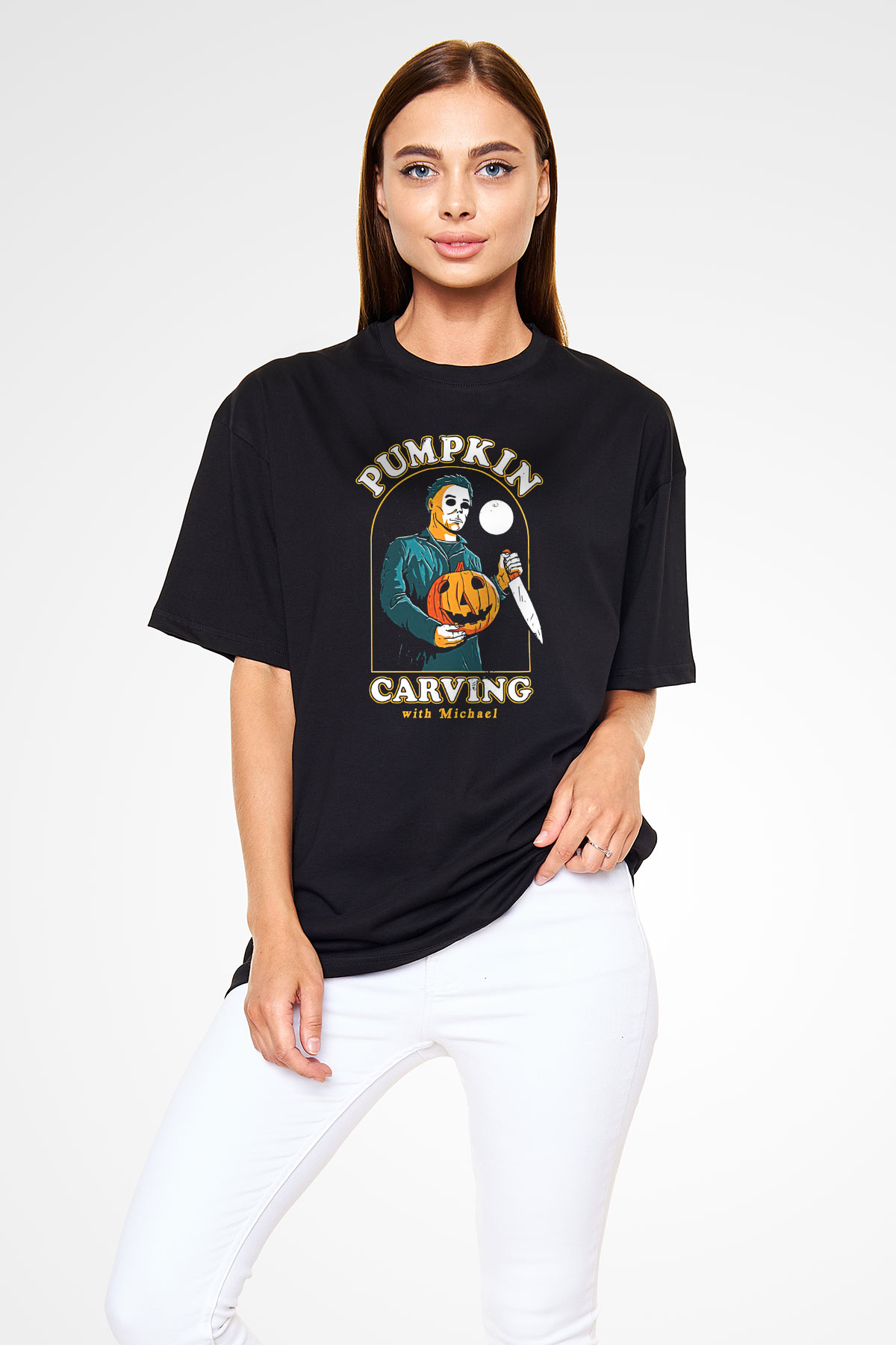 Halloween Baskılı Unisex Siyah Oversize Tişört - Tshirt