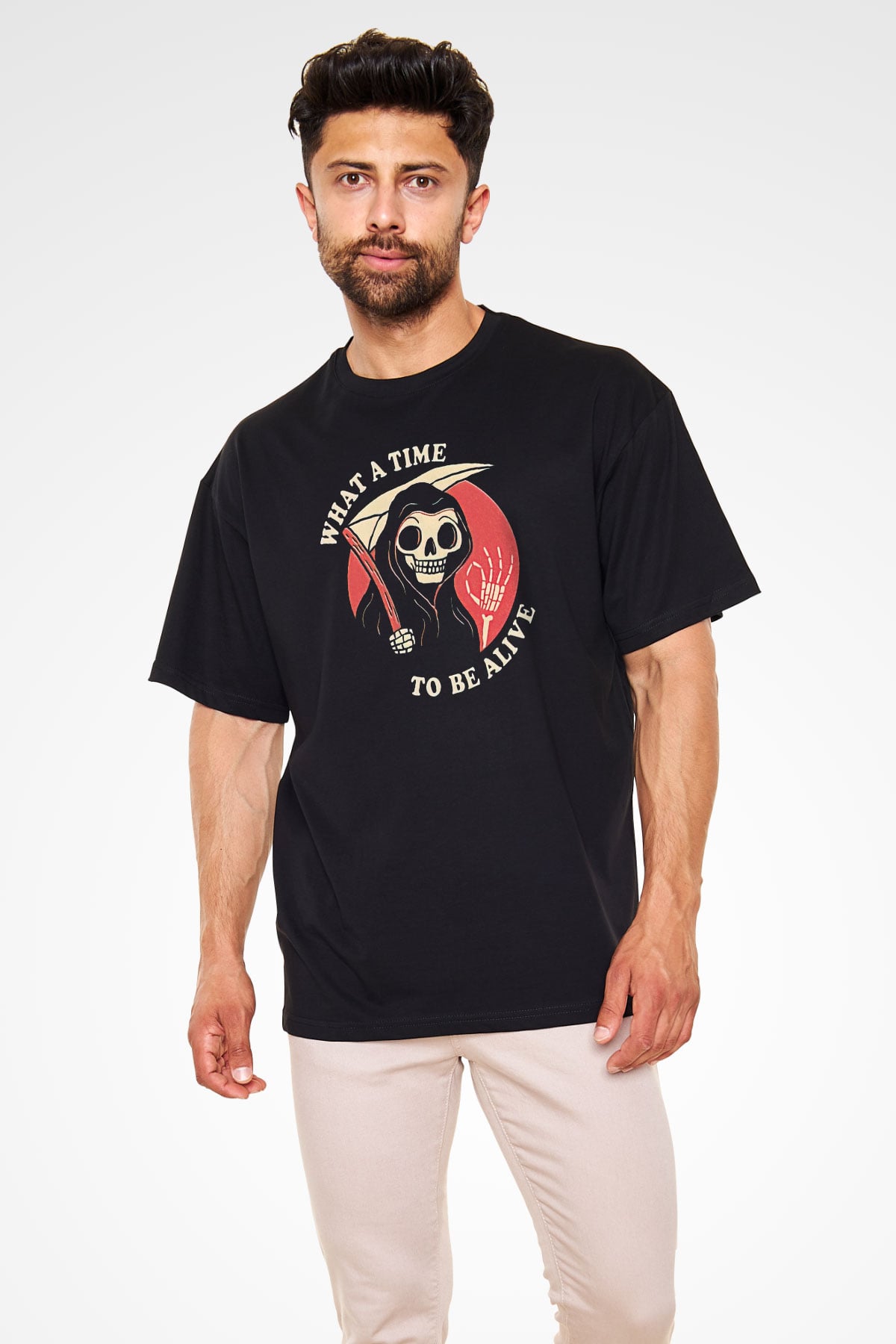 Halloween Baskılı Unisex Siyah Oversize Tişört - Tshirt