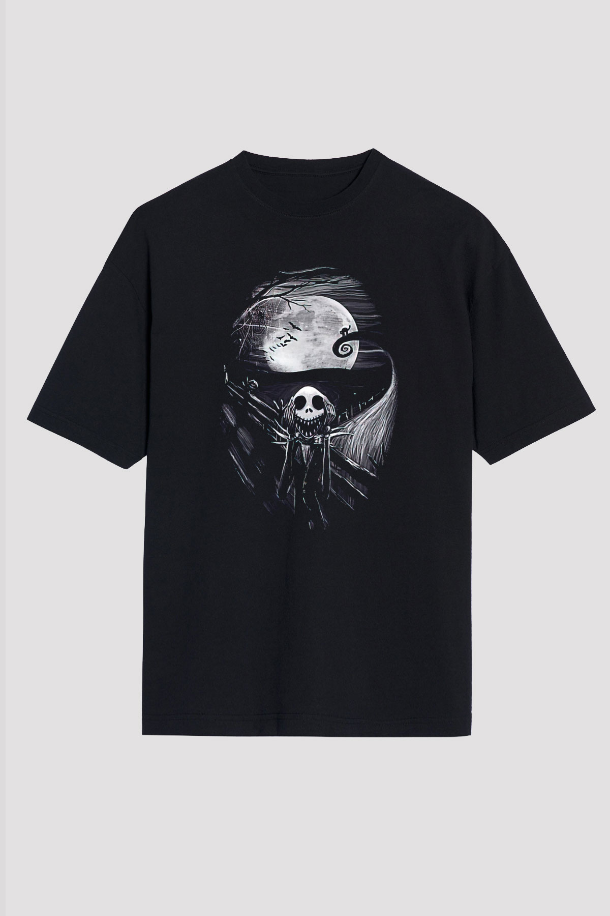 Halloween Baskılı Unisex Siyah Oversize Tişört - Tshirt