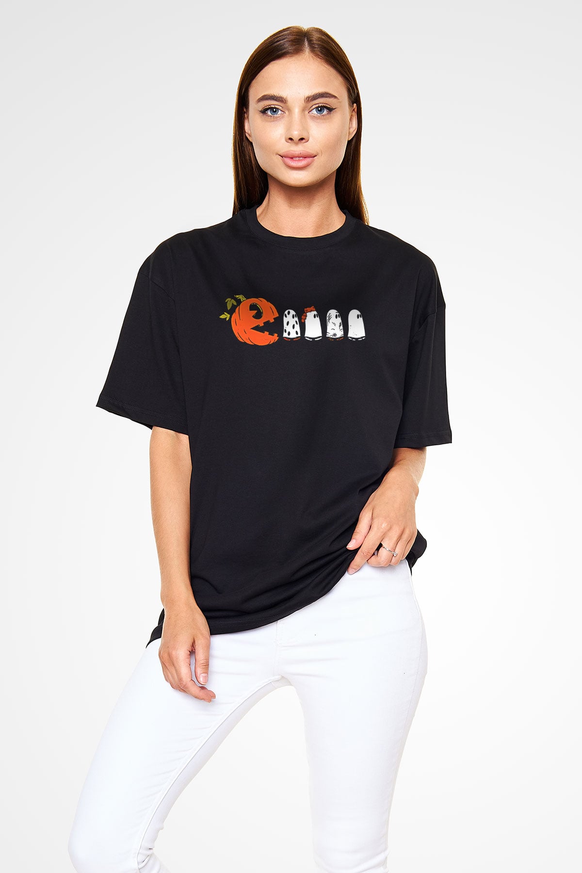 Halloween Baskılı Unisex Siyah Oversize Tişört - Tshirt