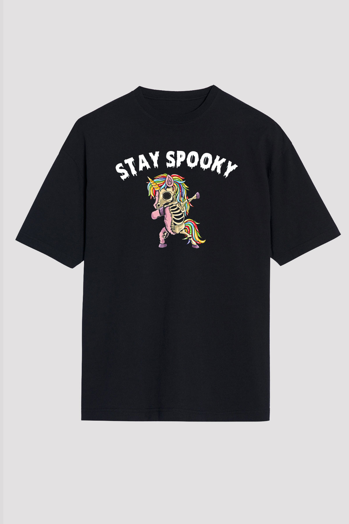 Halloween Baskılı Unisex Siyah Oversize Tişört - Tshirt