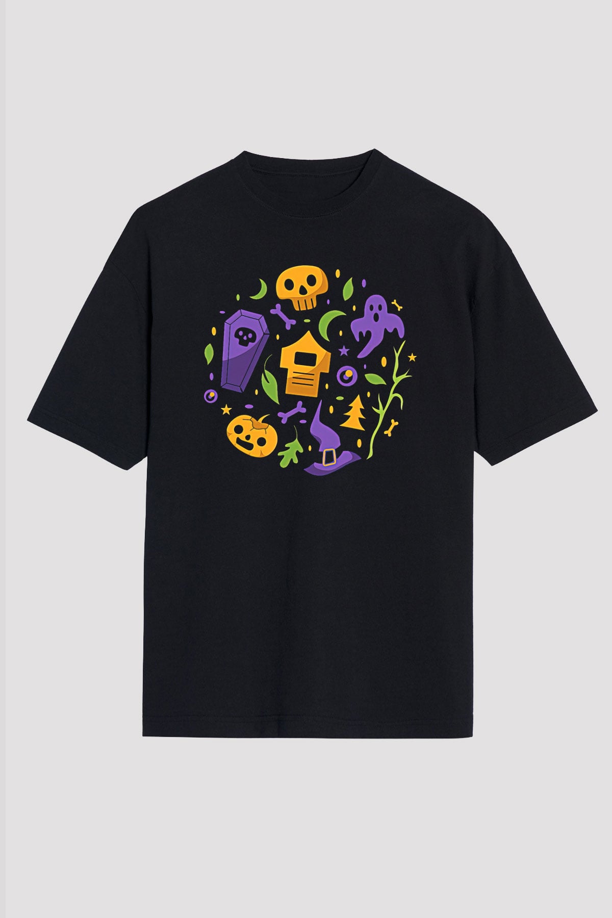 Halloween Baskılı Unisex Siyah Oversize Tişört - Tshirt
