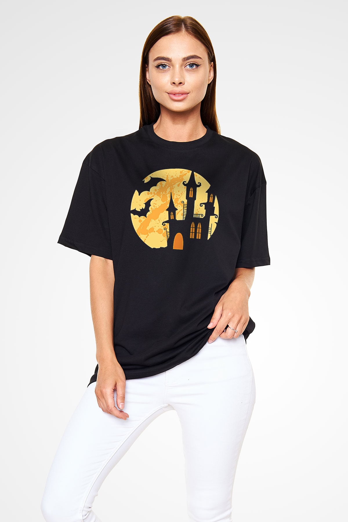 Halloween Baskılı Unisex Siyah Oversize Tişört - Tshirt
