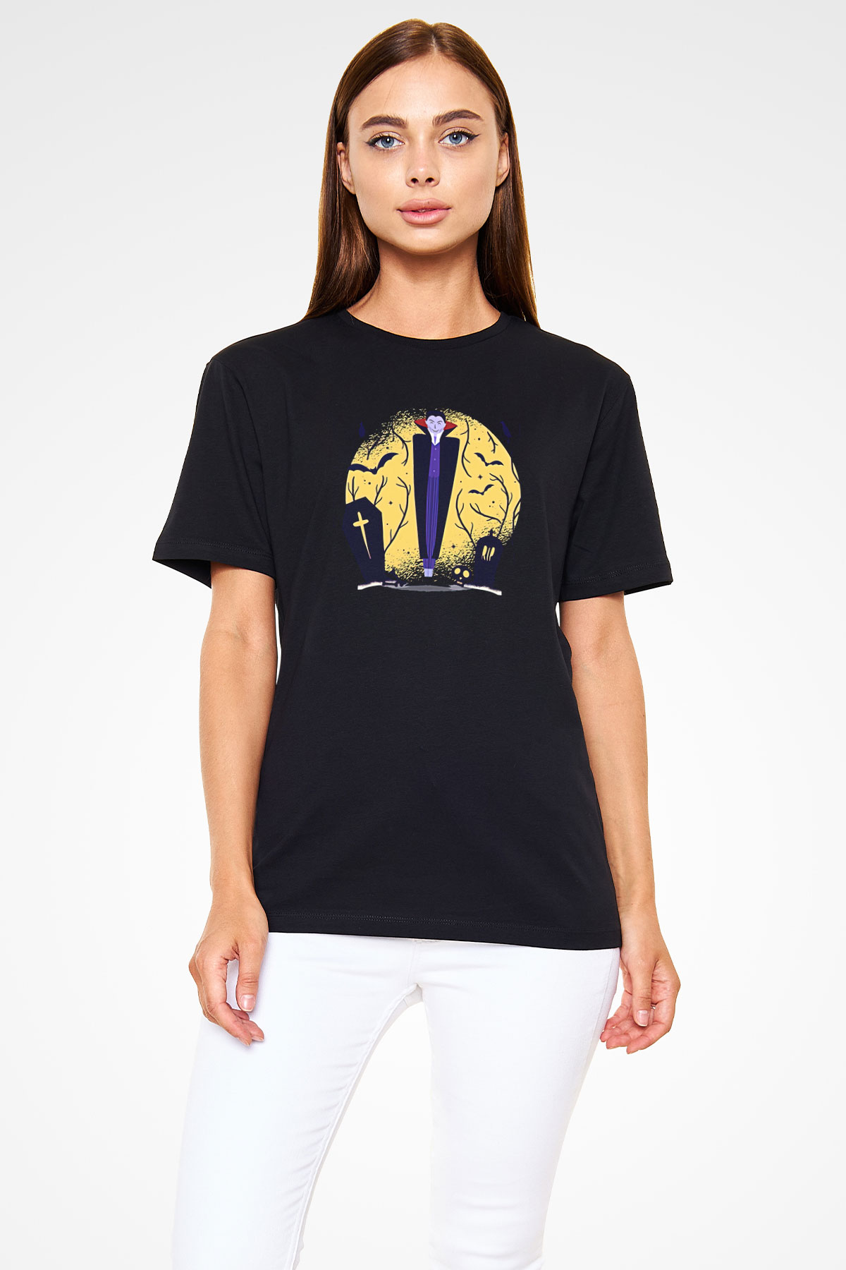 Halloween Baskılı Unisex Siyah Tişört - Tshirt