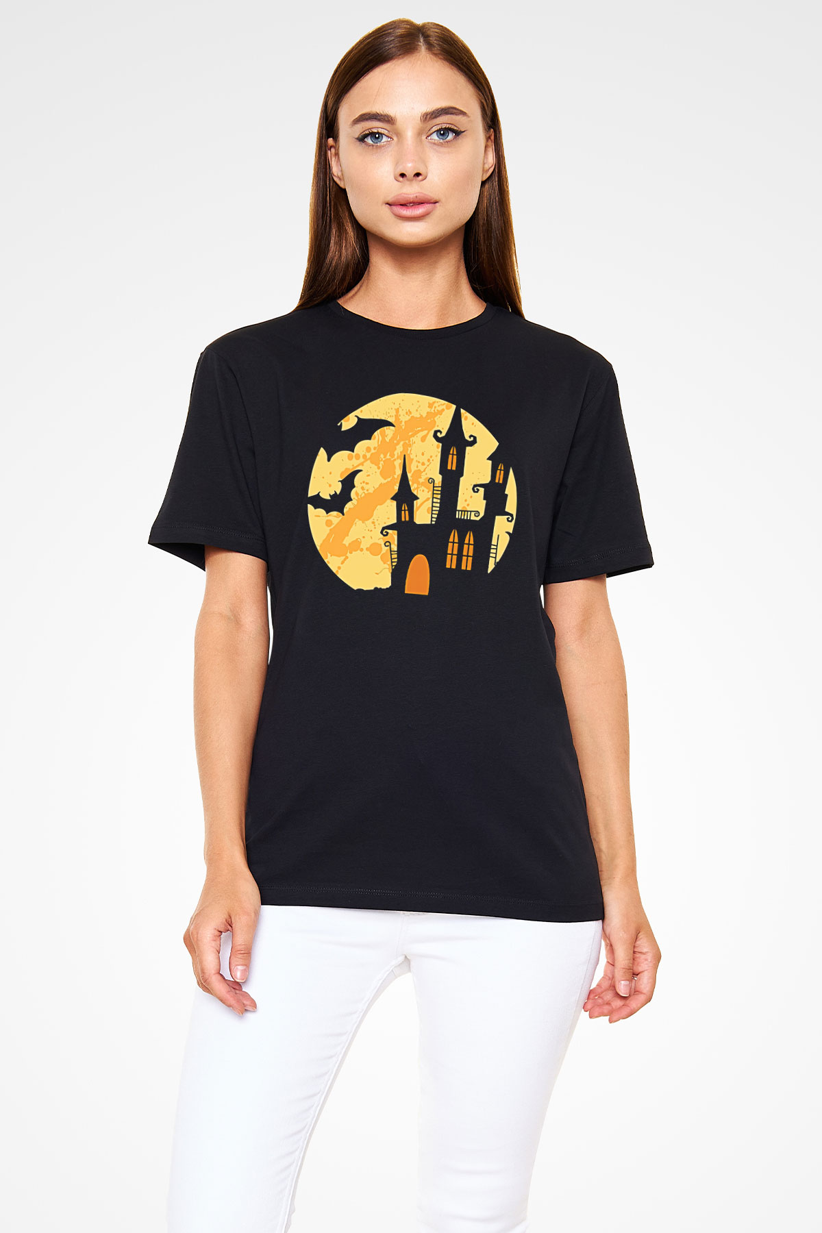 Halloween Baskılı Unisex Siyah Tişört - Tshirt