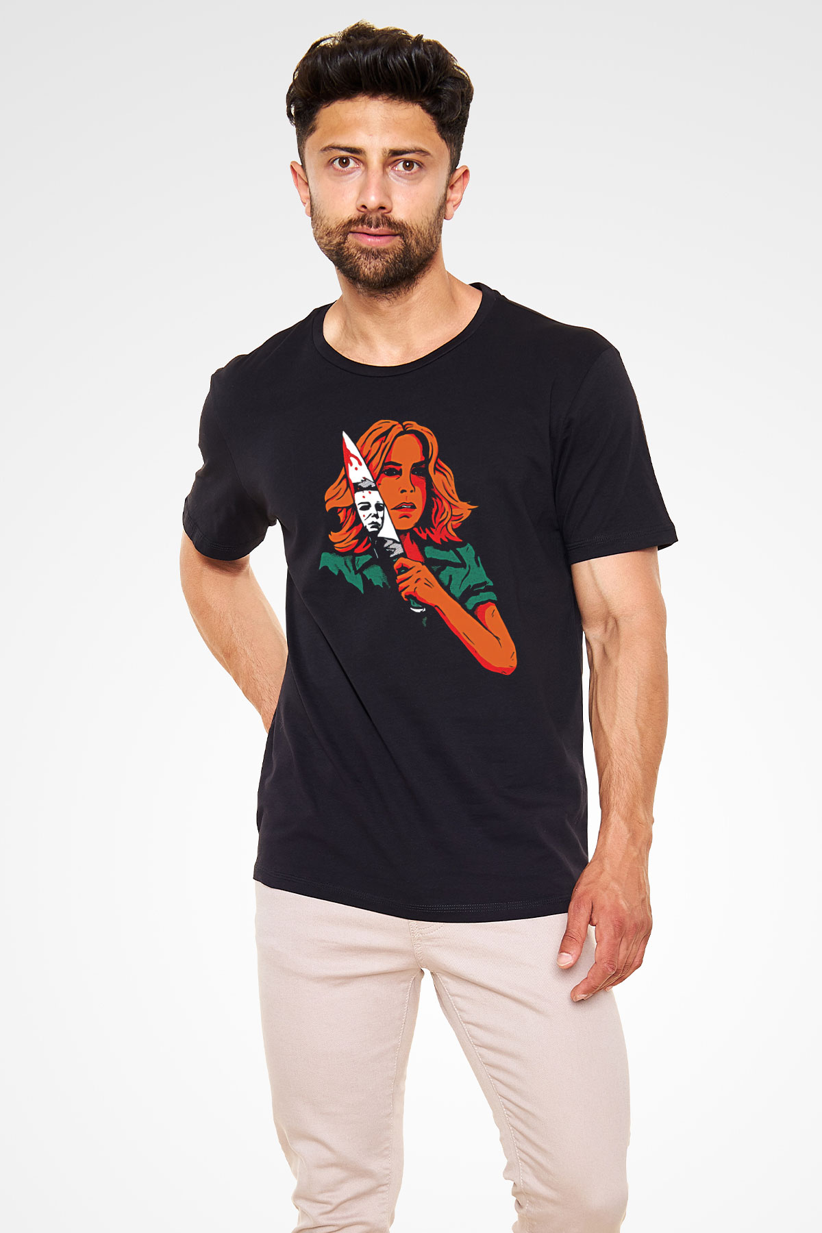 Halloween Baskılı Unisex Siyah Tişört - Tshirt