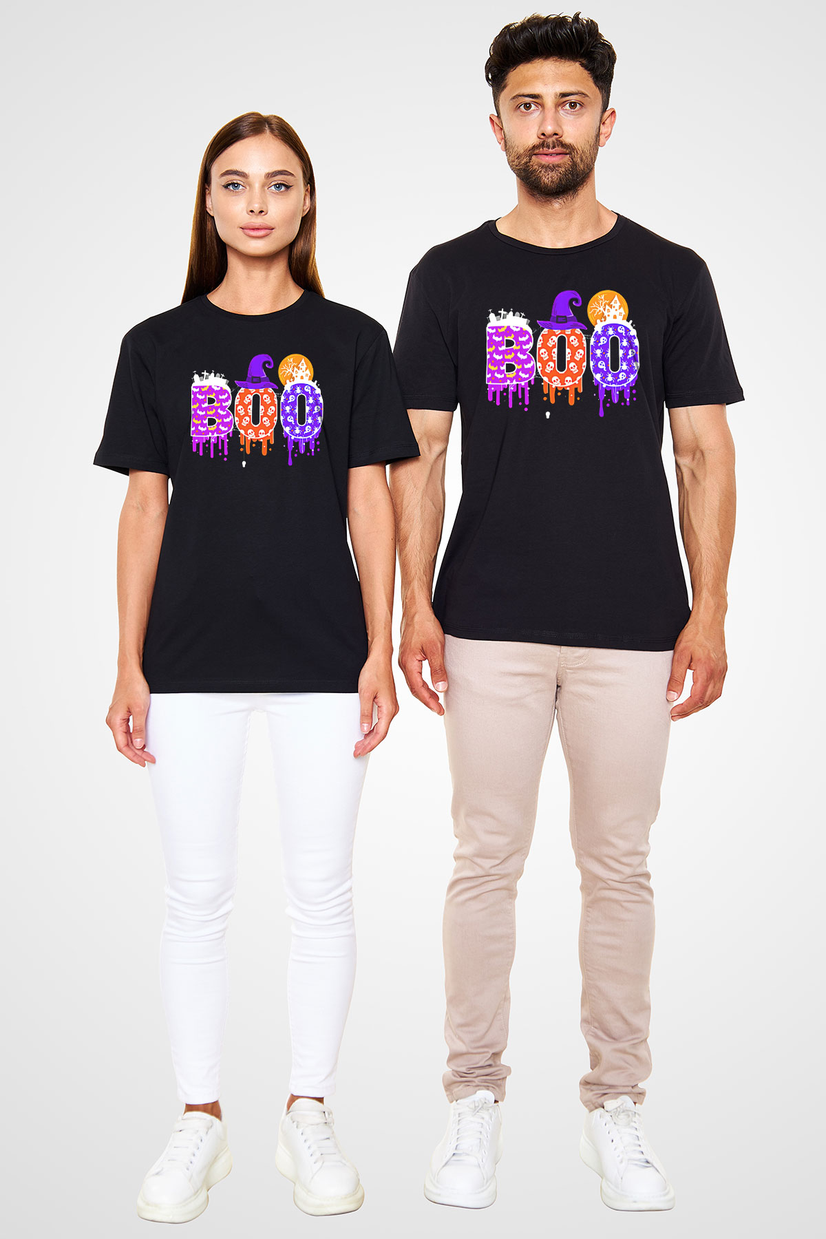 Halloween Baskılı Unisex Siyah Tişört - Tshirt