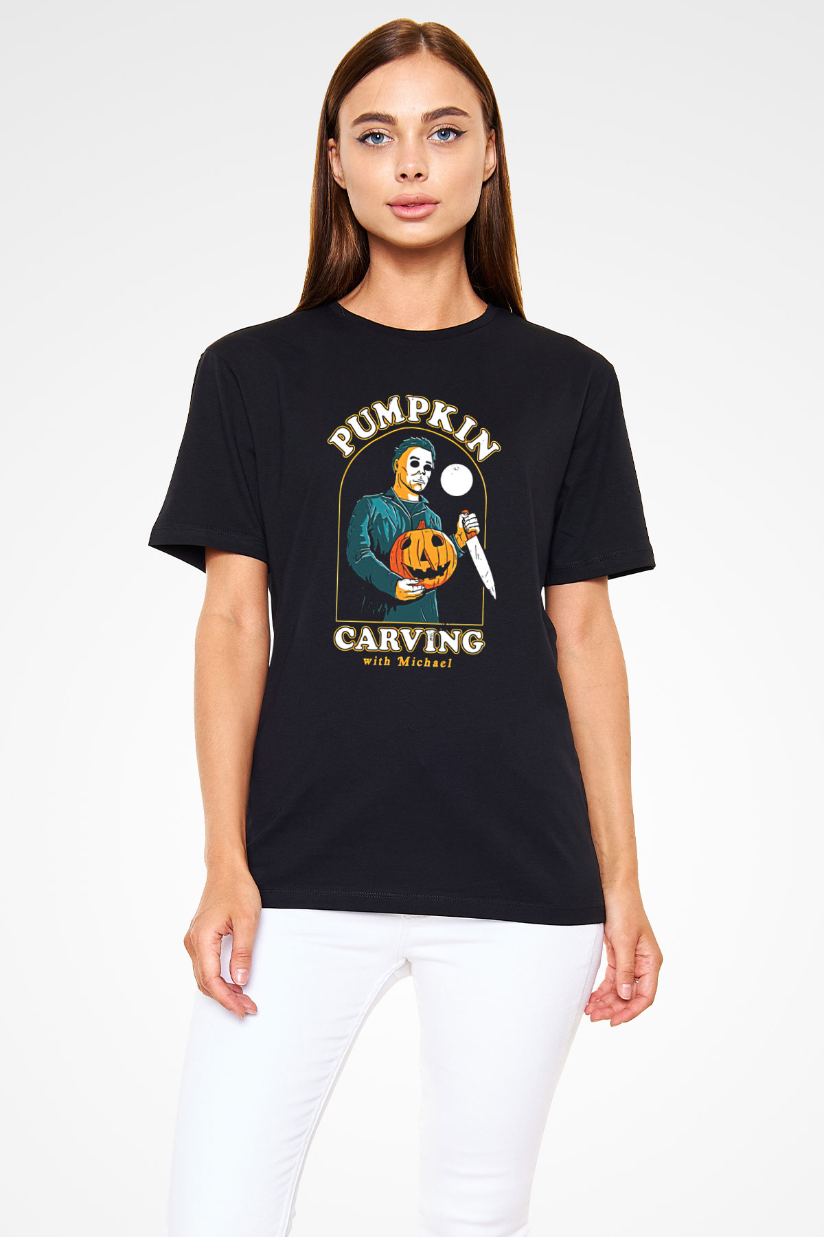 Halloween Baskılı Unisex Siyah Tişört - Tshirt