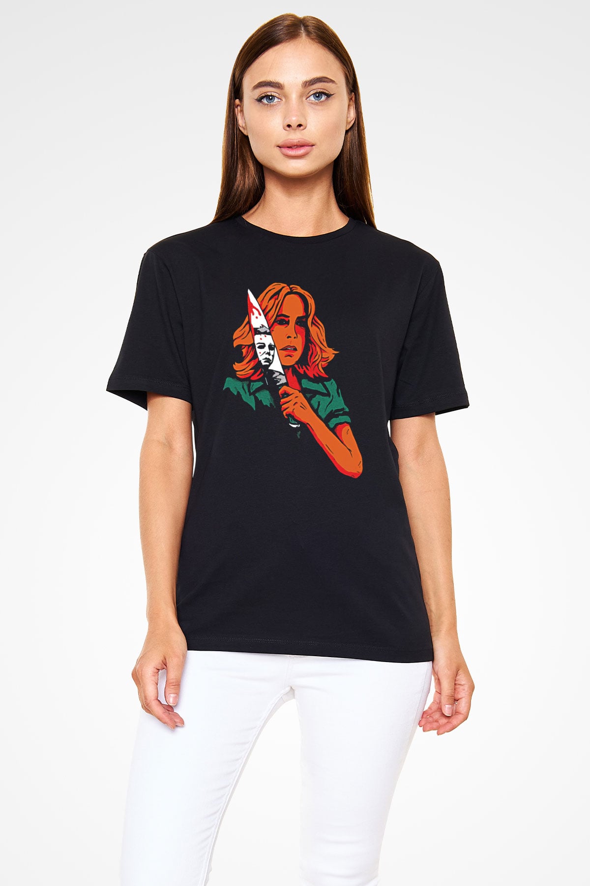 Halloween Baskılı Unisex Siyah Tişört - Tshirt