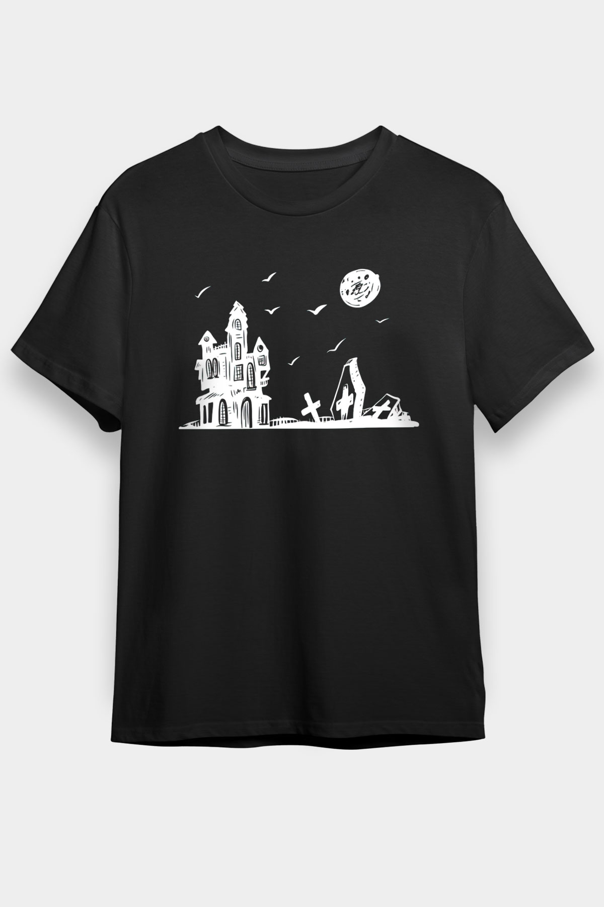 Halloween Baskılı Unisex Siyah Tişört - Tshirt