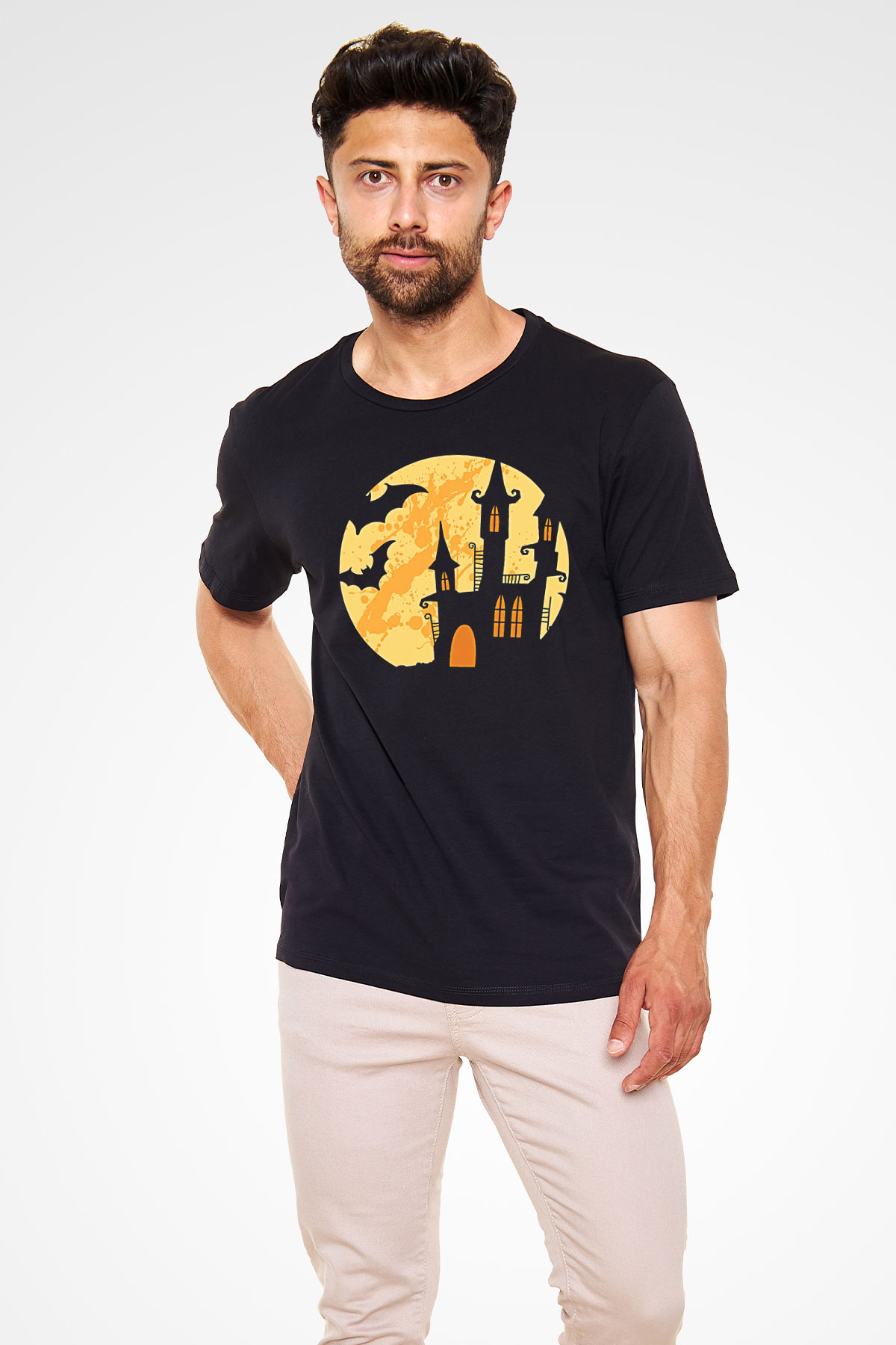 Halloween Baskılı Unisex Siyah Tişört - Tshirt