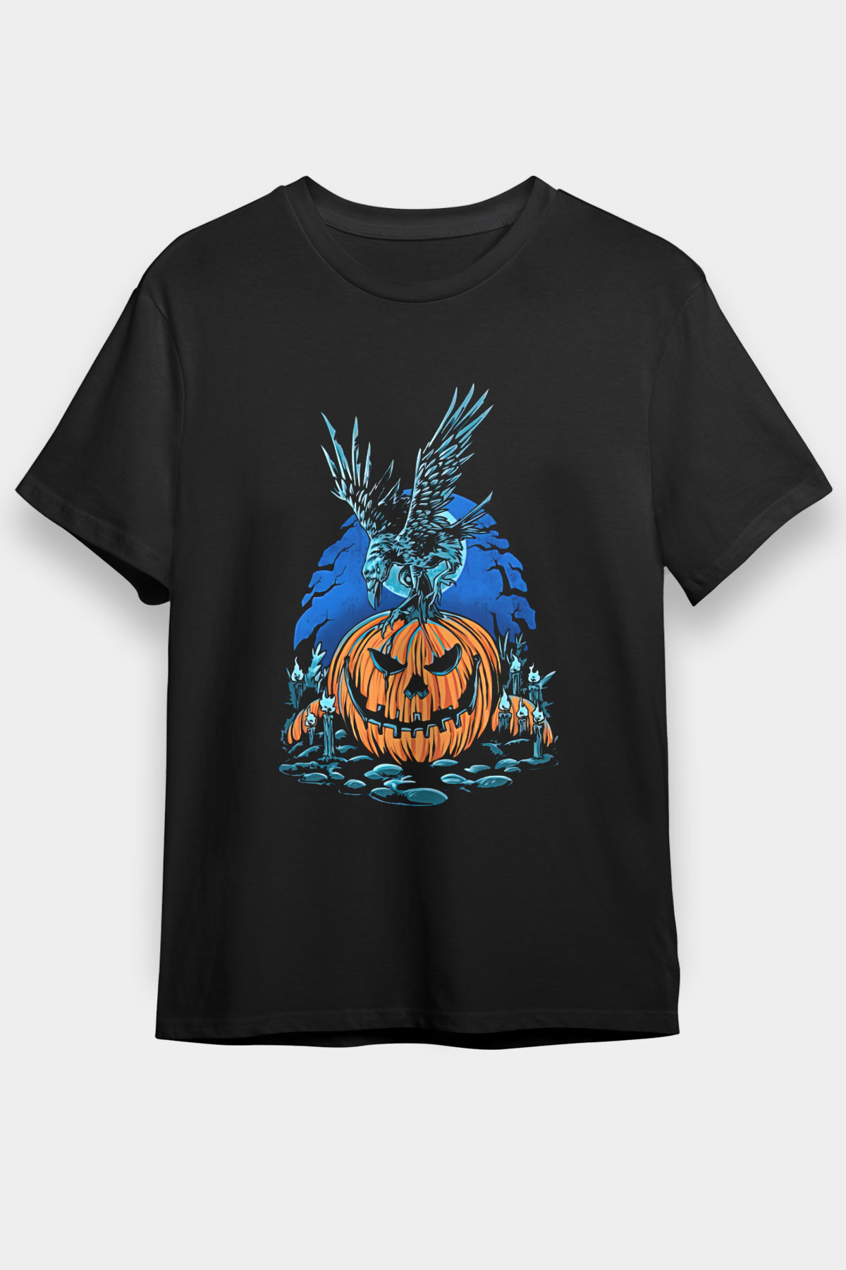 Halloween Baskılı Unisex Siyah Tişört - Tshirt