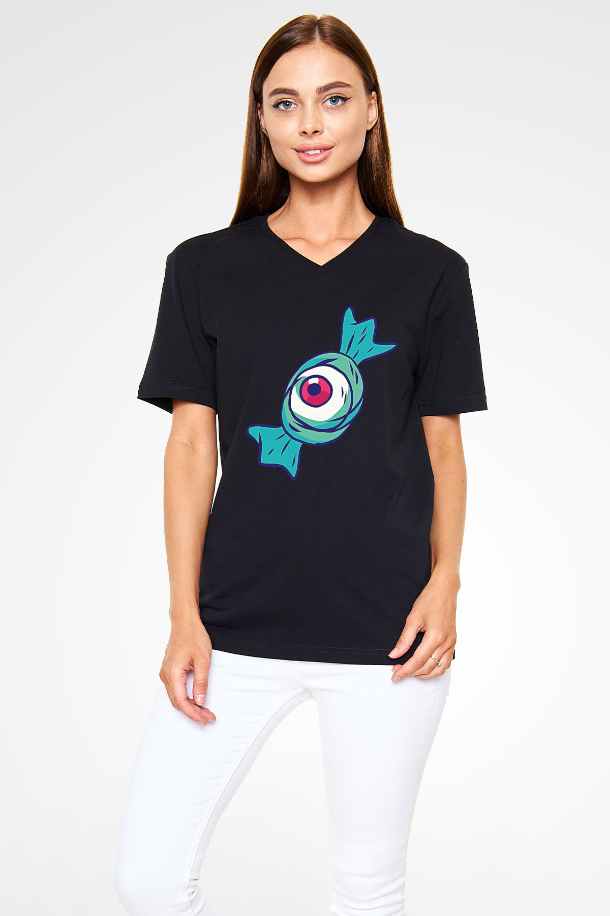 Halloween Baskılı Unisex Siyah V Yaka Tişört - Tshirt