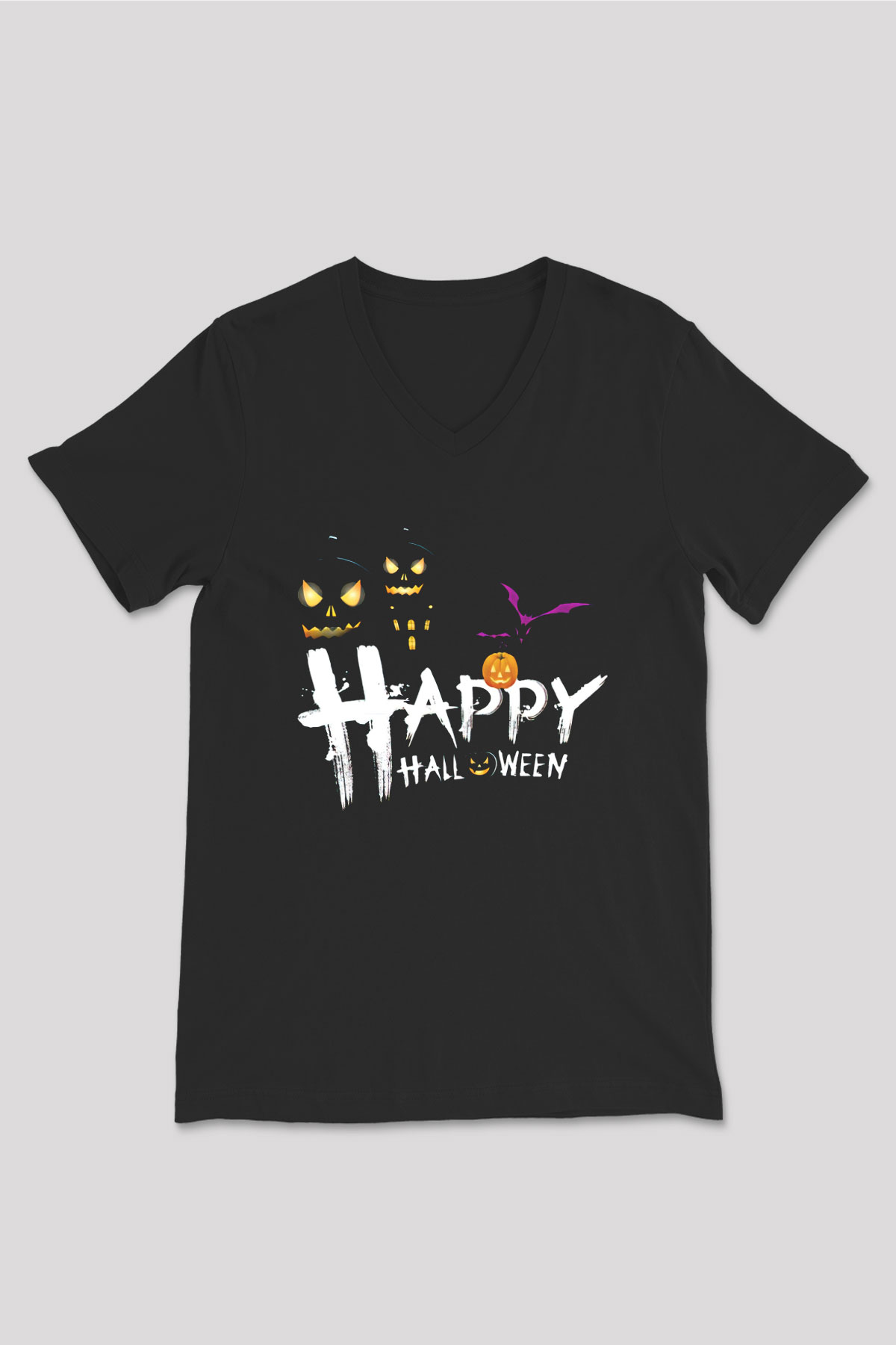 Halloween Baskılı Unisex Siyah V Yaka Tişört - Tshirt