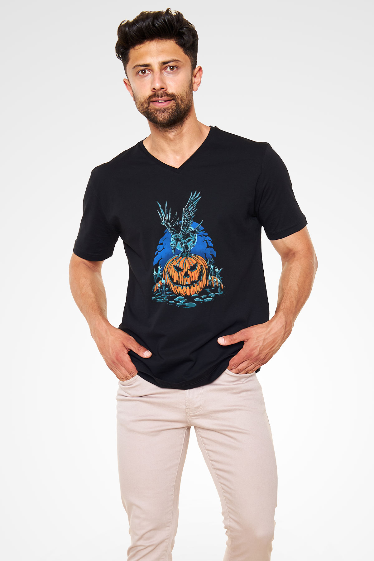 Halloween Baskılı Unisex Siyah V Yaka Tişört - Tshirt