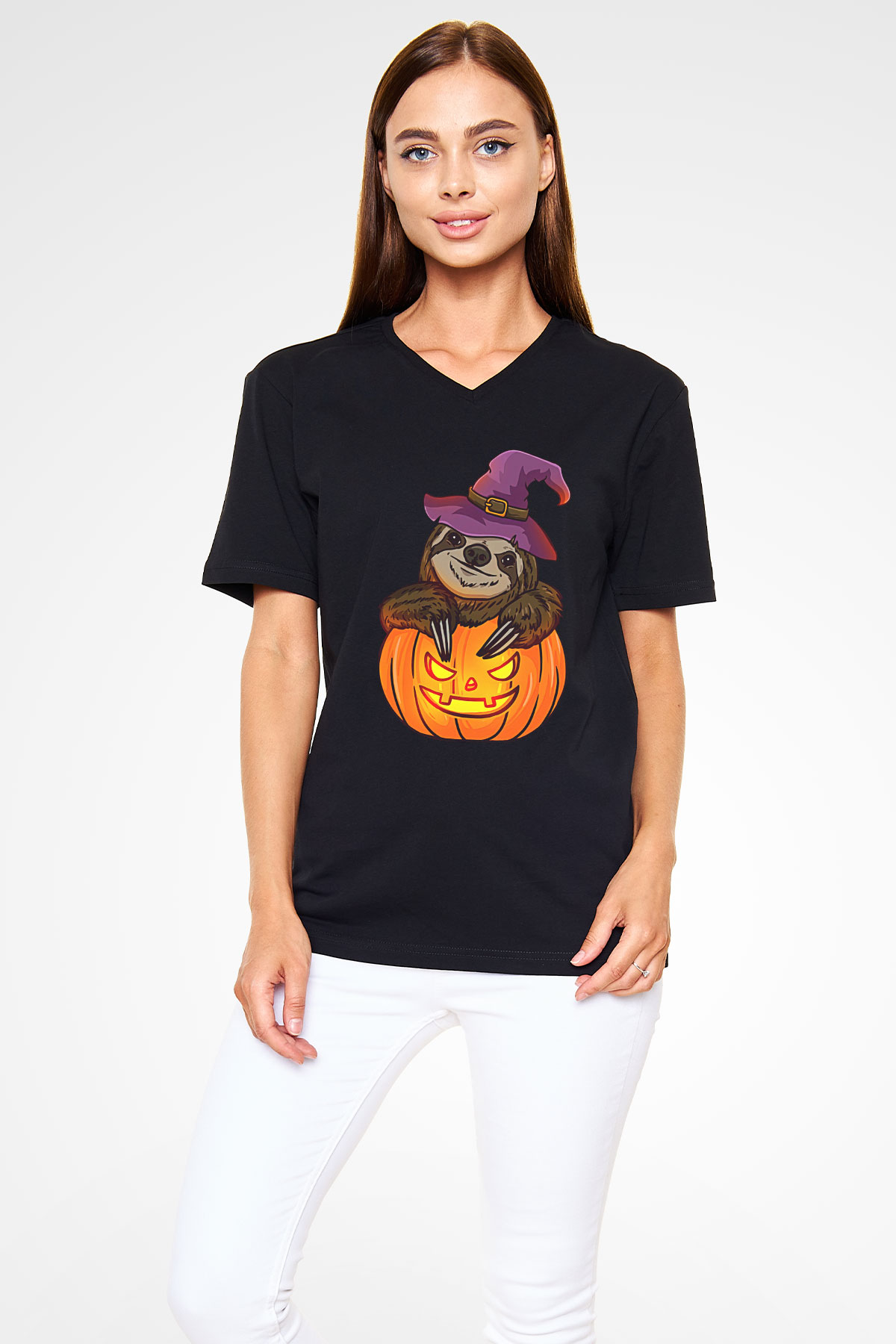 Halloween Baskılı Unisex Siyah V Yaka Tişört - Tshirt