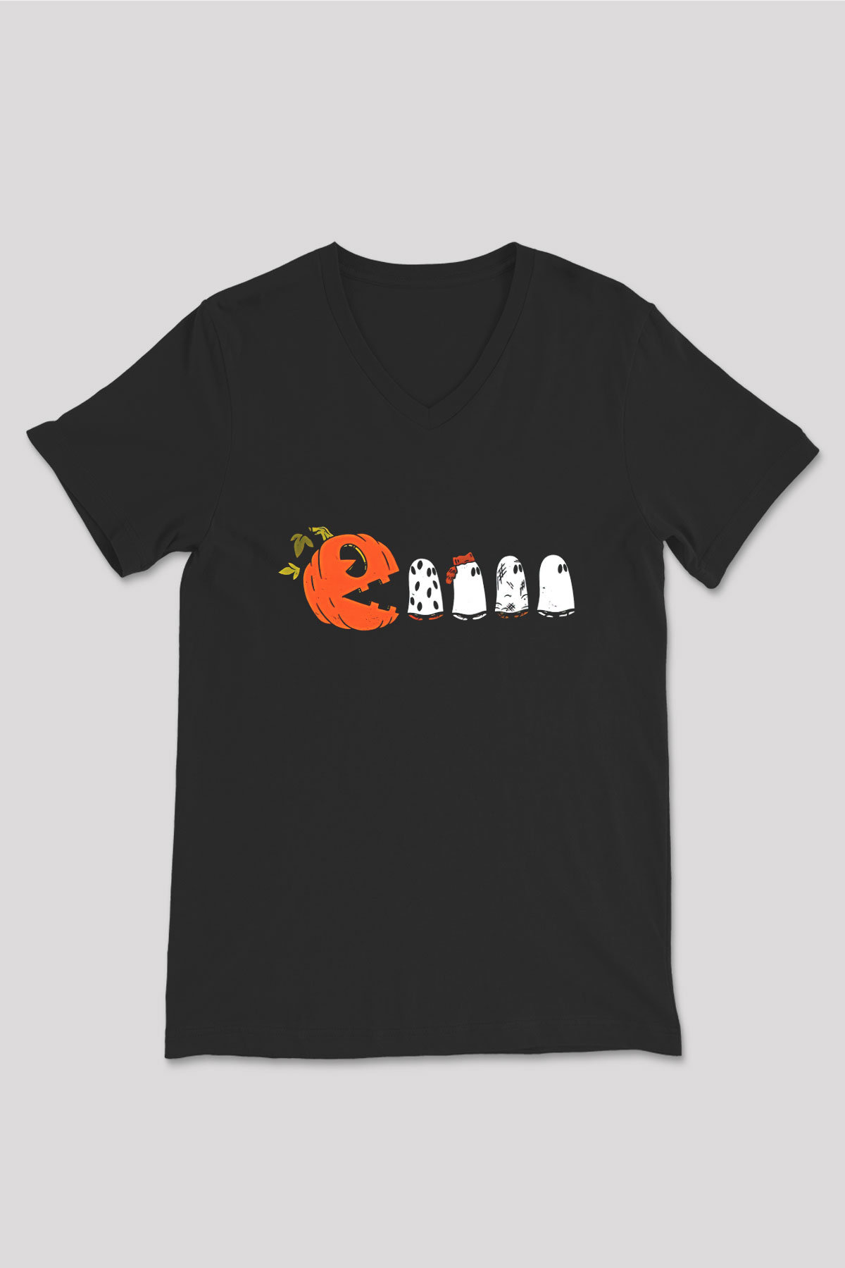 Halloween Baskılı Unisex Siyah V Yaka Tişört - Tshirt