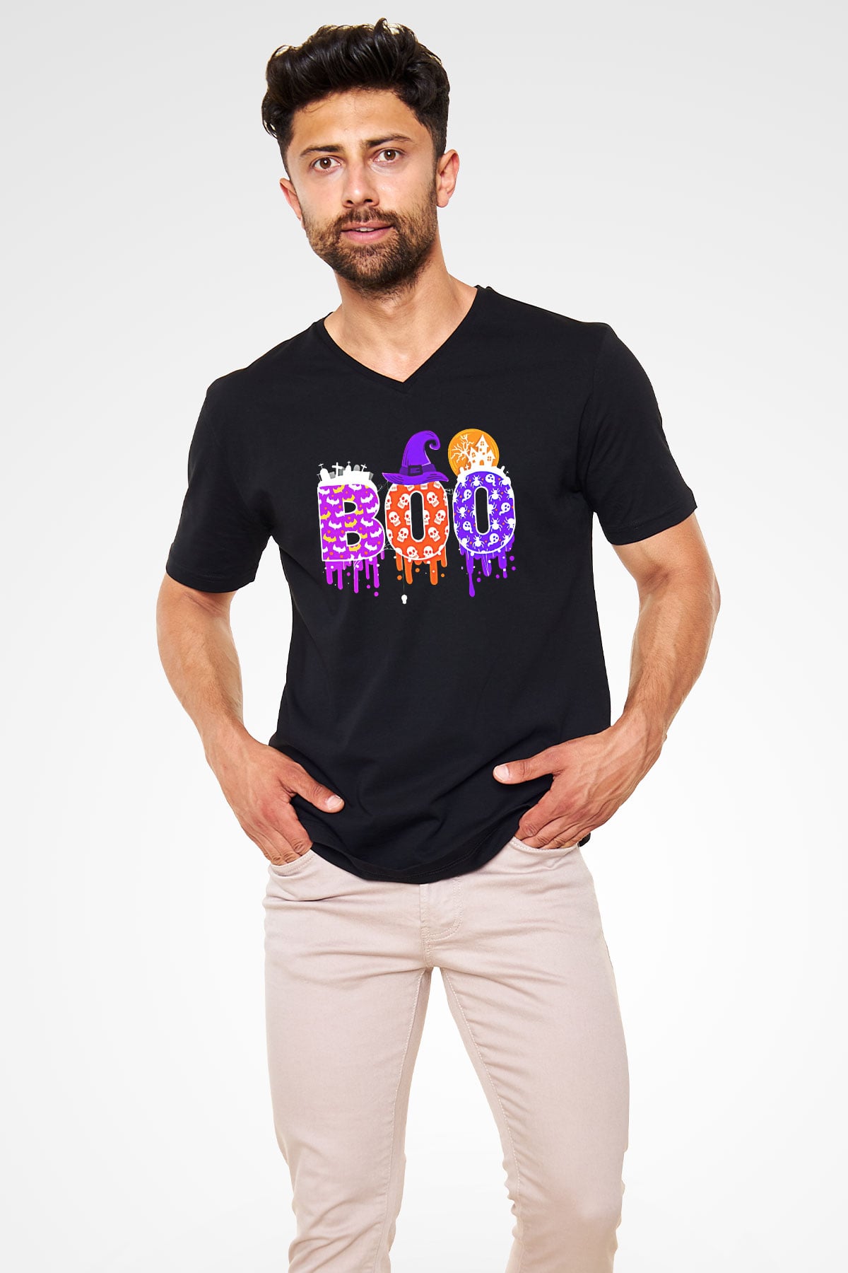 Halloween Baskılı Unisex Siyah V Yaka Tişört - Tshirt