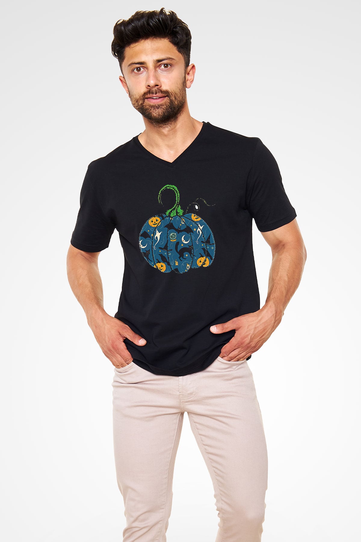Halloween Baskılı Unisex Siyah V Yaka Tişört - Tshirt