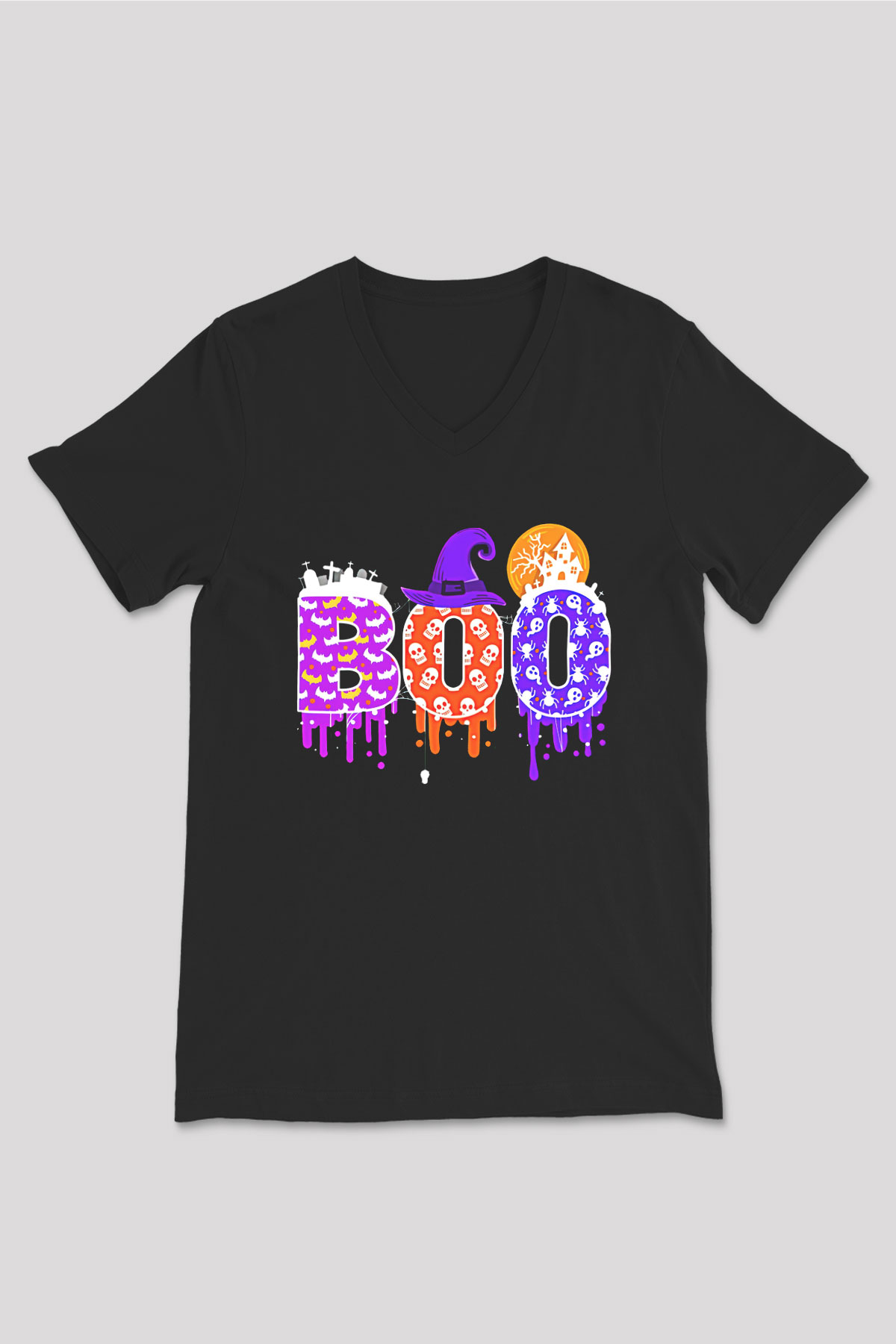 Halloween Baskılı Unisex Siyah V Yaka Tişört - Tshirt