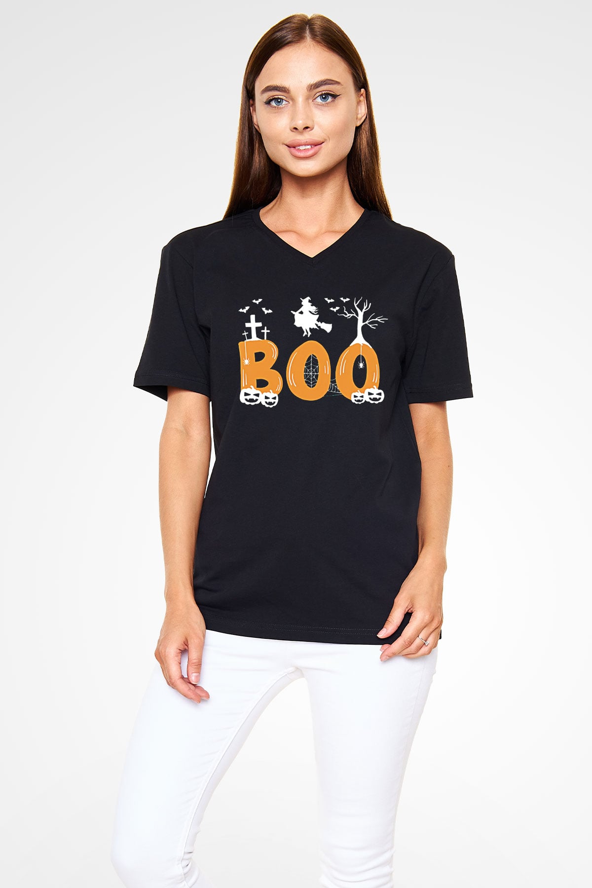 Halloween Baskılı Unisex Siyah V Yaka Tişört - Tshirt