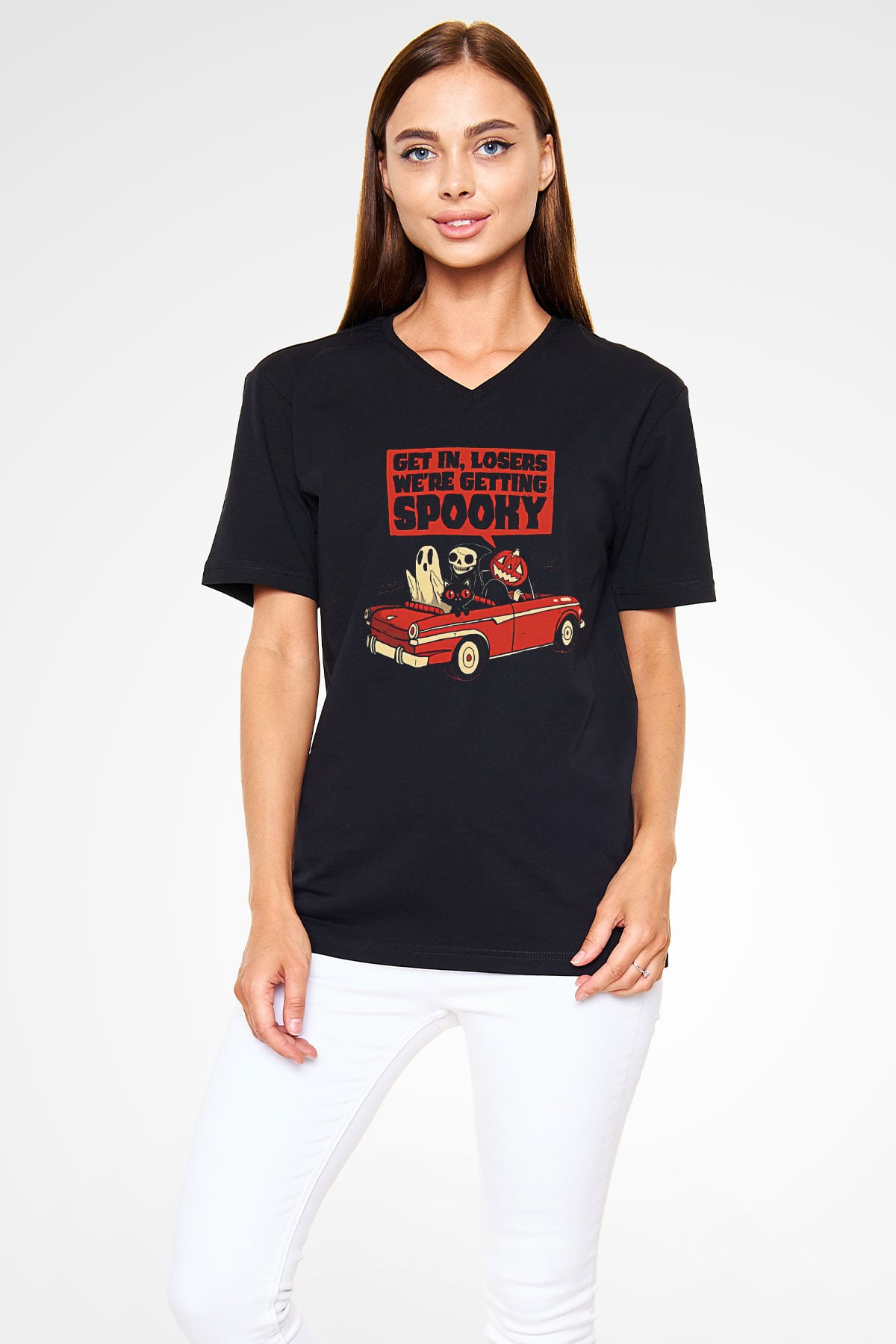 Halloween Baskılı Unisex Siyah V Yaka Tişört - Tshirt
