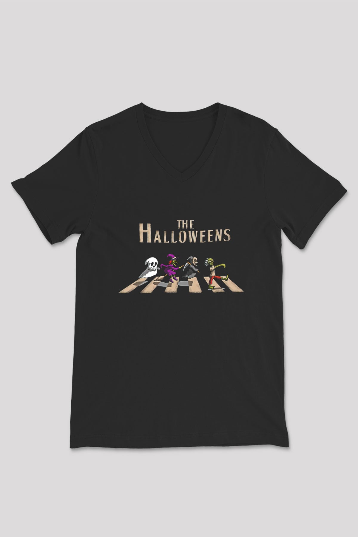 Halloween Baskılı Unisex Siyah V Yaka Tişört - Tshirt