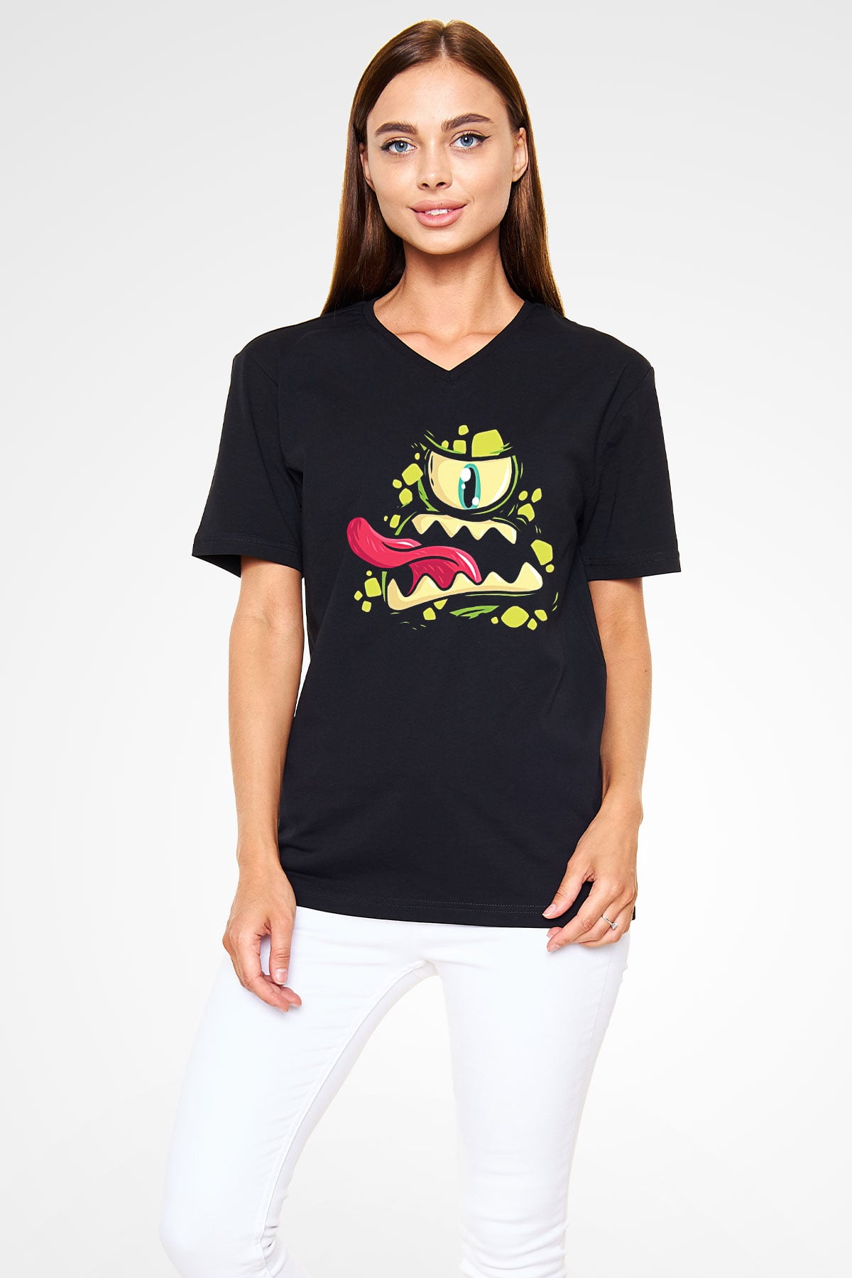 Halloween Baskılı Unisex Siyah V Yaka Tişört - Tshirt